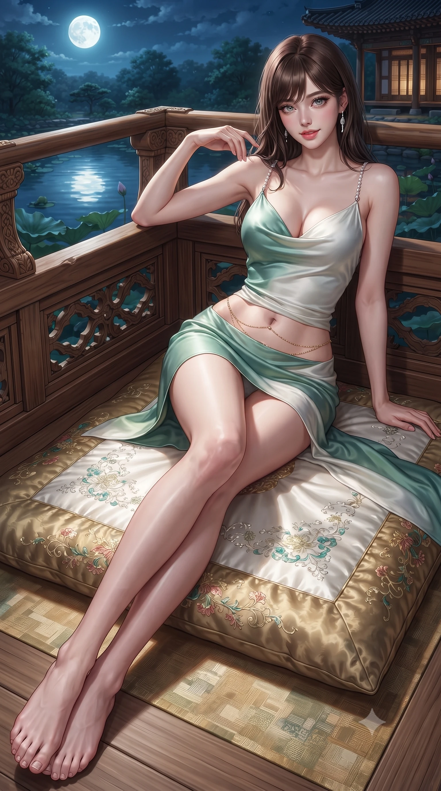 score_9, masterpiece, best quality, ultra-detailed, high-budget anime keyframe, editorial fashion photography, tasteful artistic composition, Korean woman. low angle full-body shot from head to toe showing her feet, filling the entire 9:16 vertical frame with her statuesque presence, stretching her vertical silhouette. leaning deep against the balcony balustrade with hips cocked back in an unapologetically alluring high-fashion stance, casting an intoxicating glance while lounging languidly on an antique silk floor cushion propped on one elbow, her flat midriff and long slender legs commanding the moonlit pavilion vista. The surrounding environment is rendered in vivid detail and crisp panoramic clarity: sharp carved wood grain texture, water ripple reflections of the full moon, and crisp lotus leaf veins in deep focus. She has an absolutely perfect, statuesque 8.5-heads proportion, an exceptionally tall and slender model-like female figure with impossibly long slender legs, an ultra-slim waist, a flat toned midriff, narrow delicate ribcage, and beautifully sculpted feminine hips creating a graceful, slim hourglass silhouette without any bulky heaviness. sharp v-shaped jawline, high-bridge nose, sparkling eyes with hypnotic seductive depth, thick curled eyelashes, glossy parted lips with a natural dewy peach sheen, alluring bedroom-eyes with an enchanting coquettish smile, exuding magnetic siren charisma and sophisticated glamour, flawlessly proportioned anatomical accuracy, strict slender model proportions, natural body alignment, perfectly sculpted long slender limbs, ultra-slim waistline, clean dynamic posture without body distortion. wearing a low-cut draped cowl-back satin slip mini dress with dainty pearl spaghetti straps in moonlit jade green and pure alabaster white with silver accents, crafted from fluid liquid silk satin that clings smoothly to every curve with a dewy sheen, finished with a dainty gold belly chain resting across her flat midriff and curving hips, the precision-cut side openings and low-back scoop framing her graceful spine and the sensual sweep of her slim, toned hips. illuminated by pond surface moonbeam bounce and sharp platinum rim lights sculpting her razor-sharp jawline, narrow waist, and curvy hips. ultra-reflective glossy finish, specular highlights, rich textural contrasts, high-contrast stereoscopic depth, volumetric dynamic lighting, 2k, ultra detail, master piece, 9:16 ratio