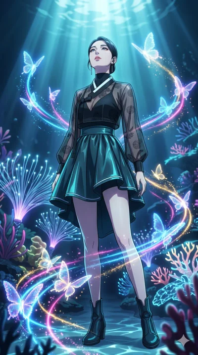 score_9, masterpiece, best quality, ultra-detailed, High-budget Anime Keyframe, vibrant colors, fluid line-art, expressive lighting, cinematic composition, Ufotable-style visual effects, top-tier animation quality, Korean woman with idol-like refined
