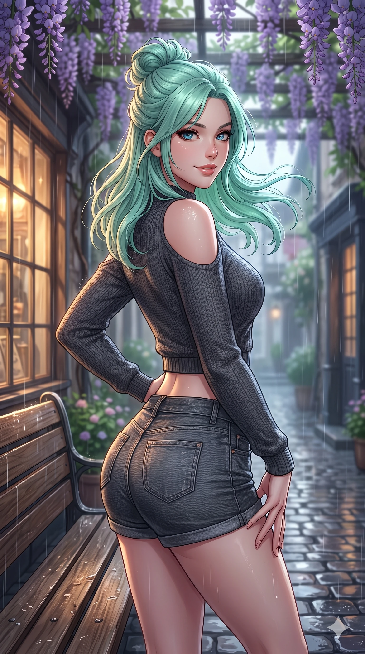 score_9, masterpiece, best quality, ultra-detailed, high-budget anime keyframe, vibrant anime aesthetic, Japanese woman. close-up cowboy shot from the waist and thighs up, the character dominates the composition, filling the frame with her large presence, background elements kept in soft focus. She is posing with a confident, magnetic smile, one hand on her waist, looking over her shoulder at the camera with a soft breath of wind in her hair. on a wooden bench under a wisteria trellis in a quiet courtyard garden during a gentle afternoon rain (Code-P22-065). She has an absolutely perfect proportion, an exceptionally elegant and slender female figure with an ultra-slim waist. V-shaped jawline, high-bridge nose, intricate jewel-like eyes with depth, thick eyelashes, glossy lips with a natural sheen. wearing a cold-shoulder knit top with a cropped waistline and denim shorts in classic charcoal. She is illuminated by dramatic rim lights from a vintage shop window, adding depth to her jewel-like eyes along the cobblestone alley. 2k, ultra detail, master piece, 9:16 ratio
