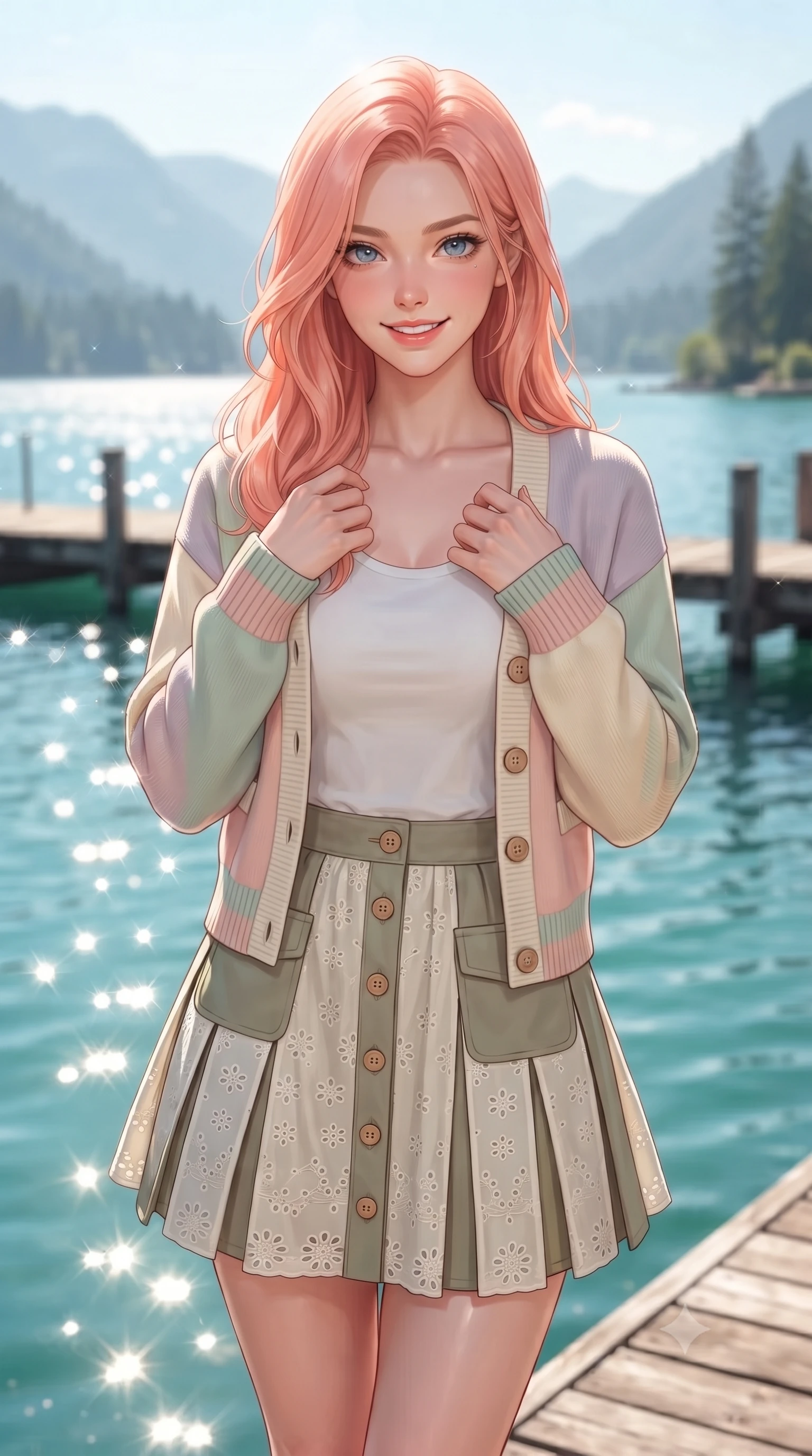 score_9, masterpiece, best quality, ultra-detailed, high-budget anime keyframe, editorial fashion photography, tasteful artistic composition, Japanese woman. close-up cowboy shot from the waist and thighs up, the character dominates the composition, filling the frame with her large presence. holding her hands loosely near her heart with an enchanting, affectionate gaze looking directly into the lens while gazing into the crystal turquoise water with a delighted smile as sunbeams create dancing aquatic caustics. The composition keeps background elements in soft focus with creamy bokeh. misty mountain shorelines and vintage wooden docks softened in smooth cinematic shallow focus. She has an exceptionally elegant, slender, and willowy female figure with an ultra-slim waist, a gracefully sculpted slender torso, toned flat midriff, and a refined slim silhouette. sharp v-shaped jawline, high-bridge nose, intricate jewel-like eyes with depth, thick eyelashes, glossy lips with a natural sheen, pure and lovely fresh girlhood expression, flawlessly proportioned anatomical accuracy, strict slender model proportions, natural body alignment, perfectly sculpted long slender limbs, ultra-slim waistline, clean dynamic posture without body distortion. wearing a chic pastel varsity cardigan over a simple white scoop-neck tee and a pleated mini skirt in muted olive green and ivory cotton, woven with delicate eyelet lace and breathable cotton voile, finished with neat natural wooden buttons and patch pocket details, the tailored casual silhouette highlighting her fresh and youthful presence and perfectly proportioned slender frame. bathed in radiant midday sunshine creating sparkling diamond glints across the turquoise lake surface. ultra-reflective glossy finish, specular highlights, rich natural textures, high-contrast stereoscopic depth, volumetric dynamic lighting, 2k, ultra detail, master piece, 9:16 ratio