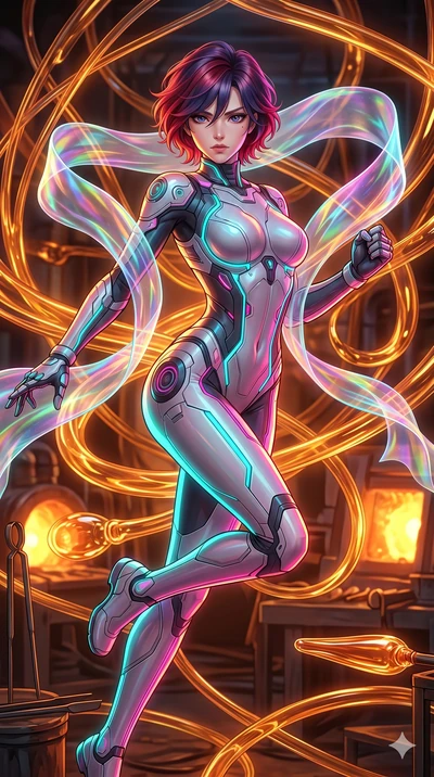 score_9, masterpiece, best quality, ultra-detailed, high-budget anime keyframe, Japanese woman. upper body close-up from the thighs up, character filling the screen for maximum presence. bounding through a molten glass art studio where twisting, glow