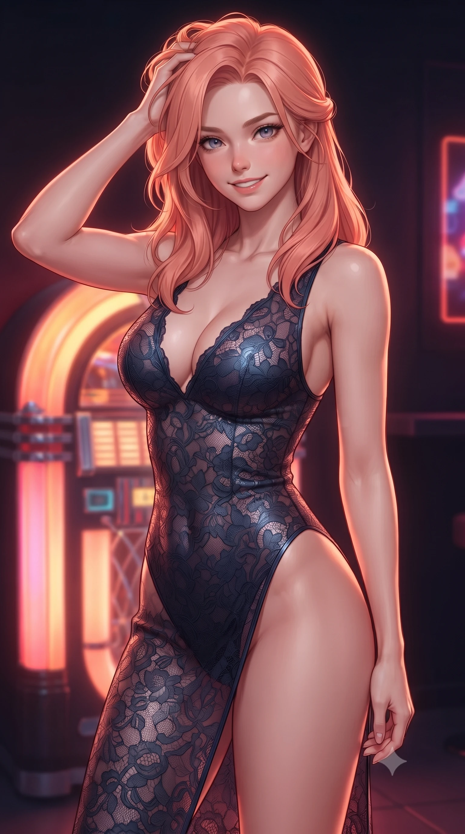 score_9, masterpiece, best quality, ultra-detailed, high-budget anime keyframe, editorial fashion photography, tasteful artistic composition, Japanese woman. close-up cowboy shot from the waist and thighs up, the character dominates the composition, filling the frame with her large presence, background elements kept in soft focus. smiling with quiet, magnetic self-assurance directly into the camera, running a hand through her hair the background shows a soft-focus a quiet cyber-bar corner next to a glowing holographic jukebox. She has an exceptionally elegant, slender, and willowy female figure with an ultra-slim waist, a gracefully sculpted slender torso, and a refined silhouette. sharp v-shaped jawline, high-bridge nose, intricate jewel-like eyes with depth, thick eyelashes, glossy lips with a natural sheen. wearing a body-hugging semi-opaque dark lace dress with a plunging neckline and high-cut leg line. soft neon crimson and orange rim lighting tracing her graceful posture. ultra-reflective glossy finish, specular highlights, metallic sheen, high-contrast stereoscopic depth, volumetric dynamic lighting, 2k, ultra detail, master piece, 9:16 ratio