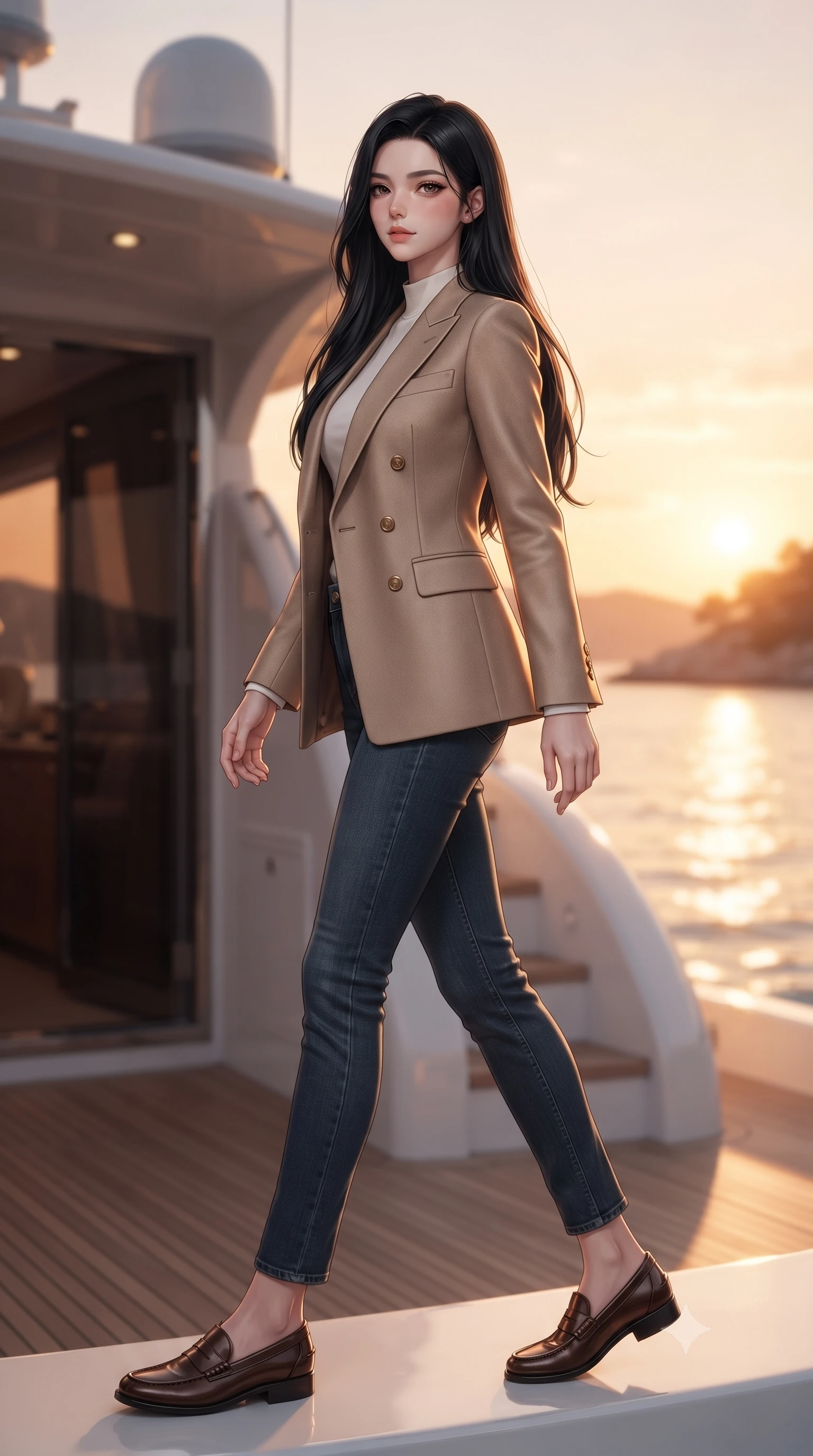 score_9, masterpiece, best quality, ultra-detailed, high-budget anime keyframe, editorial fashion photography, tasteful artistic composition, Korean woman. low angle full-body shot from head to toe showing her feet, filling the entire 9:16 vertical frame with her statuesque presence, stretching her vertical silhouette. stepping gracefully while looking back over her shoulder, her dress draped tightly to reveal her silhouette the background shows a soft-focus a luxury yacht deck anchored in a calm Mediterranean bay at sunset. She has an absolutely perfect, statuesque 8.5-heads proportion, an exceptionally tall and slender model-like female figure with impossibly long slender legs and an ultra-slim waist. sharp v-shaped jawline, high-bridge nose, intricate jewel-like eyes with depth, thick eyelashes, glossy lips with a natural sheen. wearing a body-hugging tailored double-breasted blazer in sand wool, worn over a white mock-neck tee and denim jeans. warm orange and gold sunset light reflecting off the quiet sea surface. ultra-reflective glossy finish, specular highlights, metallic sheen, high-contrast stereoscopic depth, volumetric dynamic lighting, 2k, ultra detail, master piece, 9:16 ratio