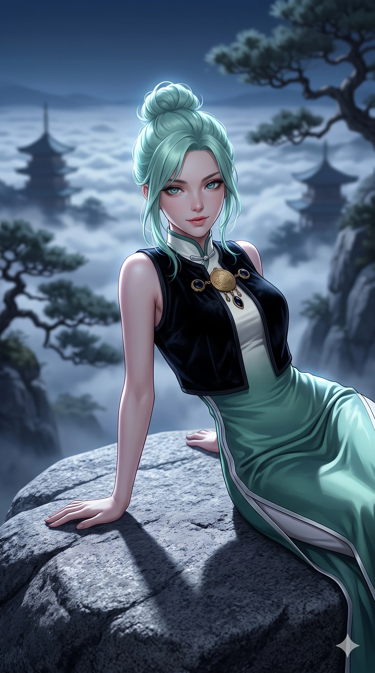 score_9, masterpiece, best quality, ultra-detailed, high-budget anime keyframe, semi-realistic 3D game render, editorial fashion photography, tasteful artistic composition, Japanese woman. close-up cowboy shot from the waist and thighs up, the character dominates the composition, filling the frame with her large presence. leaning forward while arching her lower back to accentuate her curvy hips, looking into the camera with an intoxicating smoldering gaze and bedroom-eyes while lounging back against the smooth granite rock propped on both elbows, her flat midriff and long slender legs commanding the panoramic mountain vista. The background shows a soft-focus sea of moonlit clouds filling the valley below, distant multi-tiered pagoda silhouettes, and gnarled ancient pines blurred into silver, indigo, and charcoal bokeh. She has an exceptionally elegant, slender, and willowy female figure with an ultra-slim waist, flat toned midriff, narrow ribcage, and sculpted feminine hips creating an alluring, slim hourglass silhouette without bulk. sharp v-shaped jawline, high-bridge nose, sparkling eyes with hypnotic seductive depth, thick curled eyelashes, glossy parted lips with a natural dewy peach sheen, alluring bedroom-eyes with an enchanting coquettish smile, exuding magnetic siren charisma and sophisticated glamour, flawlessly proportioned anatomical accuracy, strict slender model proportions, natural body alignment, perfectly sculpted long slender limbs, ultra-slim waistline, clean dynamic posture without body distortion. wearing an aristocratic black velvet baeja vest worn over a tailored high-neck ivory silk maxi dress in moonlit jade green and pure alabaster white with silver accents, tailored from crushed dark velvet with deep light-absorbing plush texture, accented with an authentic engraved gold medallion and obsidian cabochons, the impeccably tailored cut draping gracefully along her slender figure with aristocratic eastern poise. bathed in crisp, unhindered 6000K mountain full-moon light casting dramatic razor-sharp shadows across the rock face. highly saturated vibrant anime colors, detailed shading with soft gradients, rich glossy textures, high-contrast stereoscopic depth, volumetric dynamic lighting, master piece, 9:16 ratio