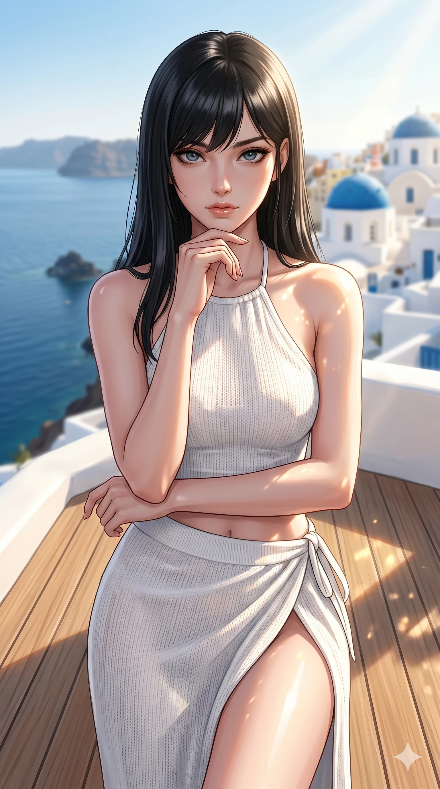 score_9, masterpiece, best quality, ultra-detailed, high-budget anime keyframe, editorial fashion photography, tasteful artistic composition, Caucasian woman, strictly human ears. cowboy shot from the thighs up, character and outfit filling the frame for maximum editorial presence. resting her chin on her fingers, looking directly into the lens with a piercing, mysterious gaze on a private teak sun-deck of a cliffside villa in Santorini, overlooking the calm Aegean sea (Code-P078). She has an absolutely perfect 8-heads proportion, an exceptionally tall and slender female figure with impossibly long slender legs and an ultra-slim waist. V-shaped jawline, high-bridge nose, intricate jewel-like eyes with depth, thick eyelashes, glossy lips with a natural sheen. wearing a white knit halter top showing her elegant clavicle lines, and a high-slit wrap skirt. drenched in brilliant afternoon sunshine, casting warm rays that trace the curves of her athletic figure. 2k, ultra detail, master piece, 9:16 ratio