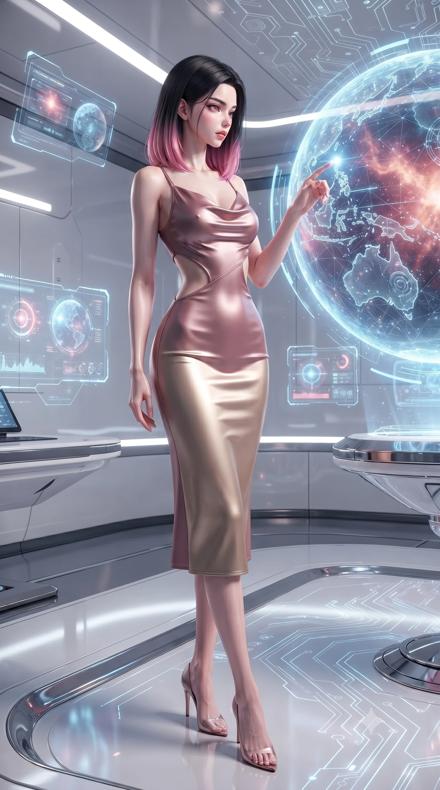 score_9, masterpiece, best quality, ultra-detailed, high-budget anime keyframe, editorial fashion photography, tasteful artistic composition, Korean woman. low angle full-body shot from head to toe showing her feet, filling the entire 9:16 vertical frame with her statuesque presence, stretching her vertical silhouette. interacting gracefully with the magical floating elements while maintaining a confident posture interacting with a giant glowing holographic globe of a cybernetic planet, sleek reflective white and chrome surfaces emphasizing ultra-clean lines. She has an absolutely perfect, statuesque 8.5-heads proportion, an exceptionally tall and slender model-like female figure with impossibly long slender legs and an ultra-slim waist. sharp v-shaped jawline, high-bridge nose, intricate jewel-like eyes with depth, thick eyelashes, glossy lips with a natural sheen. wearing an elegant cowl-neck satin midi dress with a draped neckline in dusty rose and champagne gold, formed from sleek second-skin neoprene, featuring clean architectural cutouts along her slender torso, the elegant draped fit framing her graceful clavicle and slender torso. illuminated by radiant cosmic nebula light and glowing holographic displays. ultra-reflective glossy finish, specular highlights, metallic sheen, high-contrast stereoscopic depth, volumetric dynamic lighting, 2k, ultra detail, master piece, 9:16 ratio
