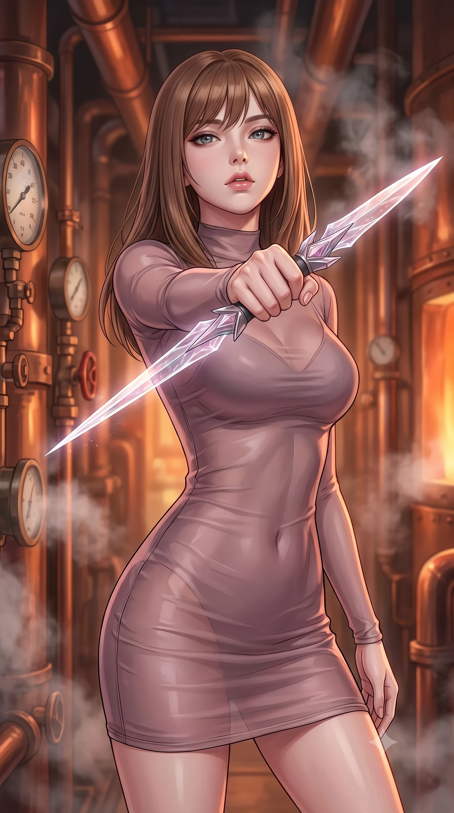 score_9, masterpiece, best quality, ultra-detailed, high-budget anime keyframe, editorial fashion photography, tasteful artistic composition, Korean woman. close-up cowboy shot from the waist and thighs up, the character dominates the composition, filling the frame with her large presence, background elements kept in soft focus. pointing a crystal-edged laser dagger forward in a defensive stance, tilting her chin up slightly with lips parted in a composed pose, the background shows a soft-focus a copper pipe foundry corridor filled with vintage pressure gauges and steam. She has an exceptionally elegant, slender, and willowy female figure with an ultra-slim waist, a gracefully sculpted slender torso, and a refined silhouette. sharp v-shaped jawline, high-bridge nose, intricate jewel-like eyes with depth, thick eyelashes, glossy lips with a natural sheen. wearing a body-hugging sheer organza dress in dusty mauve, showing her slender torso and willowy silhouette. warm orange glow of a melting furnace reflecting off copper and bronze walls. highly saturated vibrant anime colors, detailed shading with soft gradients, rich glossy textures, high-contrast stereoscopic depth, volumetric dynamic lighting, master piece, 9:16 ratio