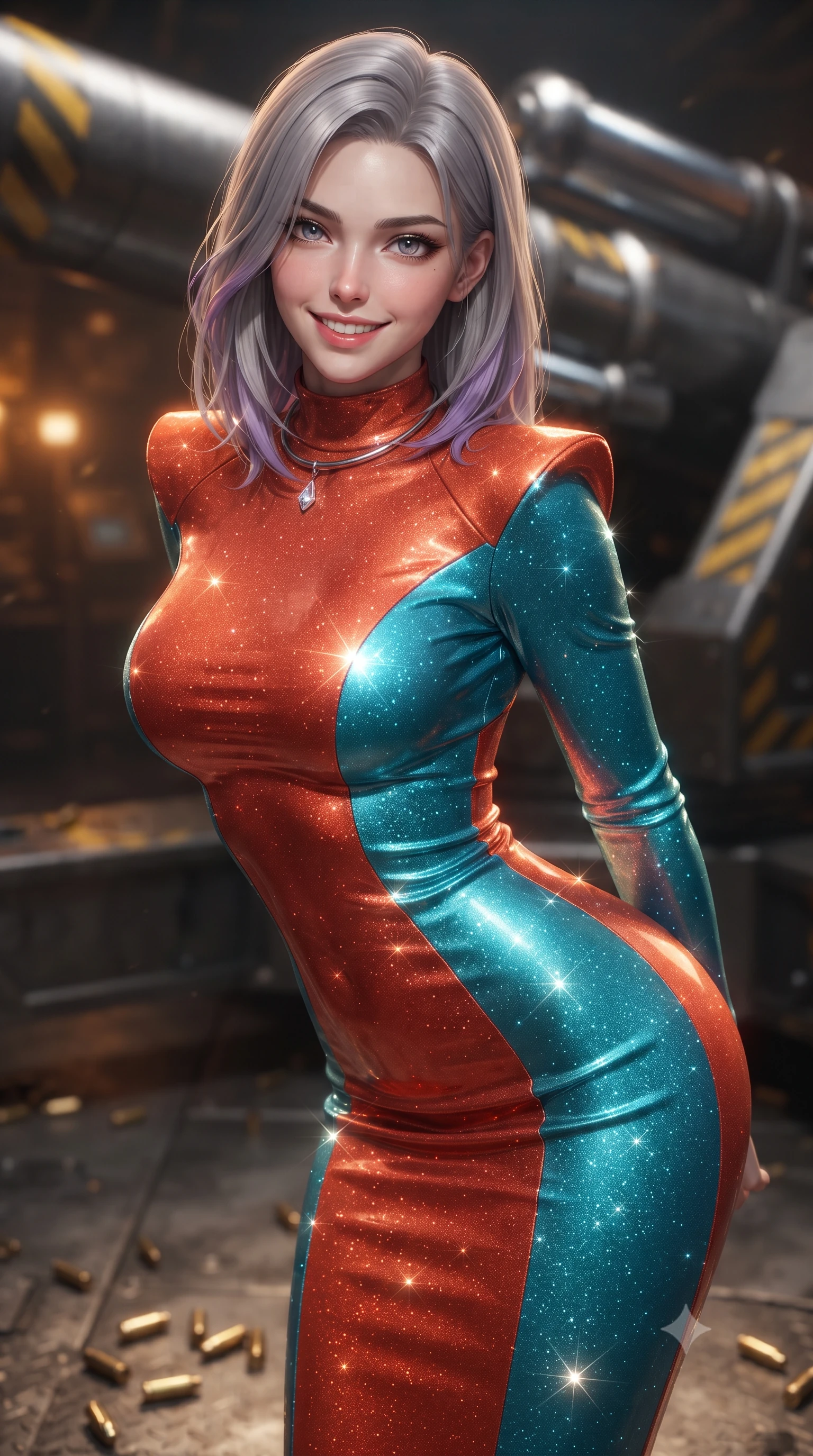score_9, masterpiece, best quality, ultra-detailed, high-budget anime keyframe, editorial fashion photography, tasteful artistic composition, Caucasian woman. close-up cowboy shot from the waist and thighs up, the character dominates the composition, filling the frame with her large presence. leaning forward while arching her lower back to accentuate her curvy hips, looking into the camera with an intoxicating smoldering gaze and bedroom-eyes while twisting her slender torso in an alluring S-curve as spent brass shell casings glint at her feet, amber strobe lights dancing across her flat midriff and hips. The background shows a soft-focus massive gunmetal cannon breech, shimmering hydraulic recoil cylinders, and yellow hazard striping blurred into amber, charcoal, and platinum bokeh. She has an exceptionally elegant, slender, and willowy female figure with an ultra-slim waist, flat toned midriff, narrow ribcage, and sculpted feminine hips creating an alluring, slim hourglass silhouette without bulk. sharp v-shaped jawline, high-bridge nose, intricate jewel-like sparkling eyes with depth, thick eyelashes, glossy parted lips with a natural peach sheen, bright cheerful beaming smile with an enchanting and coquettish sensual glint, exuding both youthful cute charm and seductive allure, flawlessly proportioned anatomical accuracy, strict slender model proportions, natural body alignment, perfectly sculpted long slender limbs, ultra-slim waistline, clean dynamic posture without body distortion. wearing a body-hugging liquid mercury jersey combat gown with high mock neck and structured shoulder pads clinging flawlessly to her silhouette in cyber-shinto vermilion and laser turquoise, woven from stretch metallic lurex jersey casting radiant starlight glints across her curves, finished with a minimalist chrome choker and a single teardrop diamond pendant, the impeccably tailored cut draping gracefully along her slender figure with aristocratic poise. bathed in high-contrast industrial amber hazard lighting combined with cool white work floodlights. ultra-reflective glossy finish, specular highlights, rich textural contrasts, high-contrast stereoscopic depth, volumetric dynamic lighting, 2k, ultra detail, master piece, 9:16 ratio