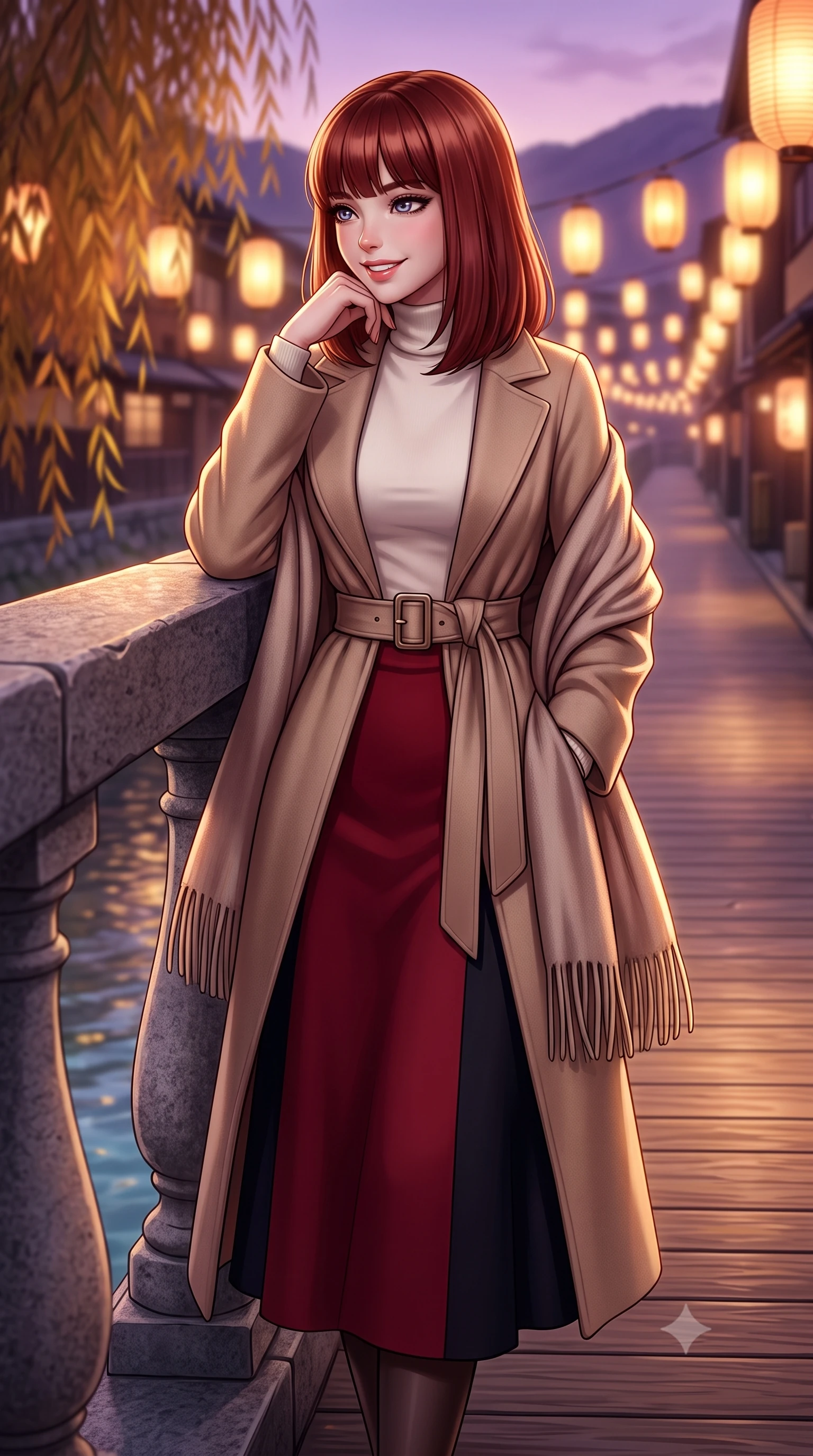 score_9, masterpiece, best quality, ultra-detailed, high-budget anime keyframe, semi-realistic 3D game render, editorial fashion photography, tasteful artistic composition, Caucasian woman. close-up cowboy shot from the waist and thighs up, the character dominates the composition, filling the frame with her large presence. resting one elbow on the stone balustrade, chin poised lightly on her hand with intelligent, charming warmth while standing poised on the wooden kawayuka deck suspended over the clear riverbank, looking out at autumn willows with a bright, beaming smile. The background shows a soft-focus warm paper lanterns along Gion alleyways softened in romantic Kyoto dusk shallow focus. She has an exceptionally elegant, slender, and willowy female figure with an ultra-slim waist, flat toned midriff, narrow ribcage, and sculpted feminine hips creating an alluring, slim hourglass silhouette without bulk. sharp v-shaped jawline, high-bridge nose, intricate jewel-like sparkling eyes with depth, thick eyelashes, glossy parted lips with a natural peach sheen, bright cheerful beaming smile with an enchanting and coquettish sensual glint, exuding both youthful cute charm and seductive allure, flawlessly proportioned anatomical accuracy, strict slender model proportions, natural body alignment, perfectly sculpted long slender limbs, ultra-slim waistline, clean dynamic posture without body distortion. wearing a luxurious longline cashmere cardigan coat with a belted waist worn over an ivory turtleneck and wool midi skirt in Kyoto autumn maple crimson and deep ink black, tailored from heavyweight double-faced wool with clean architectural edges, accented with a wide brushed cashmere fringe scarf draped elegantly over one shoulder, the structured cinched belt emphasizing her narrow waistline and gracefully balanced proportions with timeless haute-couture polish. bathed in the soft purple-gold twilight glow of autumn sunset over the Higashiyama mountains mixed with warm paper lantern lights. highly saturated vibrant anime colors, detailed shading with soft gradients, rich glossy textures, high-contrast stereoscopic depth, volumetric dynamic lighting, master piece, 9:16 ratio