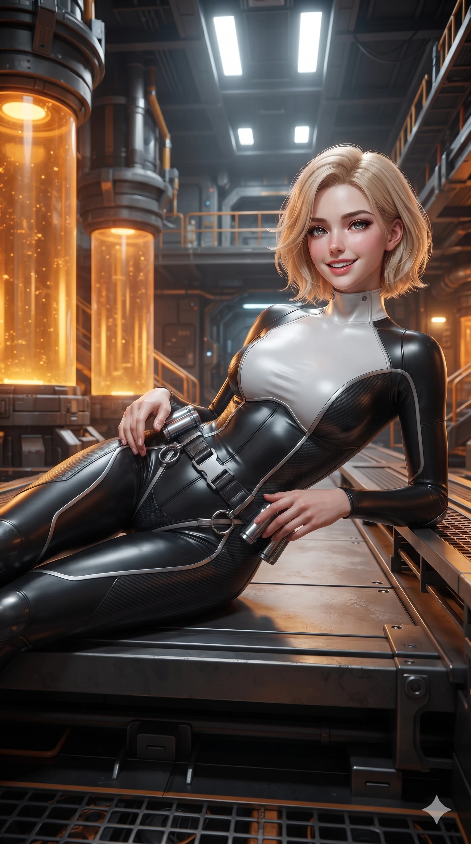 score_9, masterpiece, best quality, ultra-detailed, high-budget anime keyframe, editorial fashion photography, tasteful artistic composition, Caucasian woman. close-up cowboy shot from the waist and thighs up, the character dominates the composition, filling the frame with her large presence. resting both hands lightly on her tactical utility belt, arching her spine to highlight her narrow waist, flat midriff, and breathtaking collarbones while reclining gracefully on an elevated maintenance platform propped on one elbow with legs extended, radiating sovereign sci-fi allure. The surrounding environment is rendered in vivid detail and crisp panoramic clarity: crisp tactical fabric texture, polished chrome harness rings, and industrial architecture in razor-sharp precision. She has an exceptionally elegant, slender, and willowy female figure with an ultra-slim waist, flat toned midriff, narrow ribcage, and sculpted feminine hips creating an alluring, slim hourglass silhouette without bulk. sharp v-shaped jawline, high-bridge nose, intricate jewel-like sparkling eyes with depth, thick eyelashes, glossy parted lips with a natural sheen, bright confident smile with an enchanting and coquettish sensual glint, exuding both youthful magnetic charm and sovereign high-tech allure, flawlessly proportioned anatomical accuracy, strict slender model proportions, natural body alignment, perfectly sculpted long slender limbs, ultra-slim waistline, clean dynamic posture without body distortion. wearing a form-fitting cybernetic combat suit in matte black latex and carbon fiber, tracing her willowy silhouette with a high neck in pure alabaster white and brushed silver accents, made of fluid liquid jersey with seamless sculpting hold and smooth contours, accented with a sleek utility belt with polished magnetic canisters resting loosely on her curvy hips, the bespoke structured tailoring following the natural line of her 8.5-heads silhouette with refined elegance. bathed in the warm luminous glow emanating from within the amber coolant columns mixed with crisp overhead white floodlights. ultra-reflective glossy finish, specular highlights, rich textural contrasts, high-contrast stereoscopic depth, volumetric dynamic lighting, 2k, ultra detail, master piece, 9:16 ratio