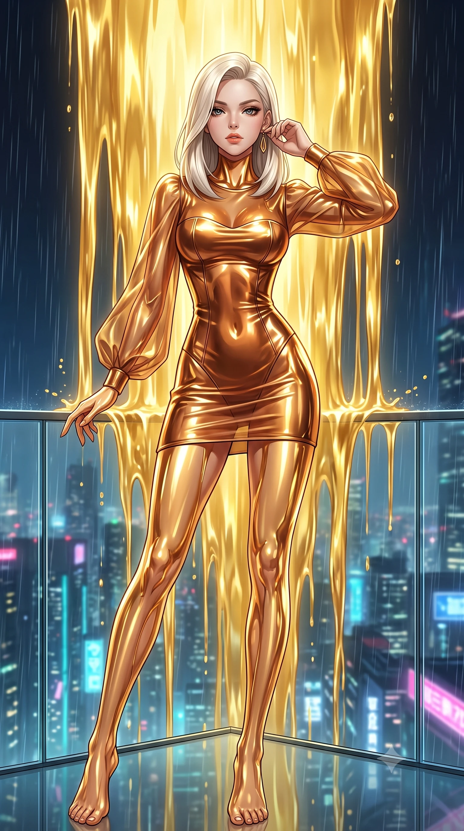 score_9, masterpiece, best quality, ultra-detailed, High-budget Anime Keyframe, Caucasian woman, strictly human ears. Low angle cowboy shot filling the entire 9:16 frame with her statuesque presence. Scenario 495: standing under a waterfall of liquid gold, the fluid coating her form, in a minimalist glass balcony overlooking a rainy cyberpunk megacity. Her presence is magnetic and overpowering in this high-budget anime scene. Outfit 495: a form-contouring metallic copper sheer organza mini dress with sheer sleeves and opaque panels. The clothing is designed to emphasize her exceptionally tall and slender 8-heads proportion. 8-heads proportion, towering silhouette, ultra-slim waist. sharp v-shaped jawline, intricate jewel-like eyes with depth, thick eyelashes, glossy lips. 2k, ultra detail, master piece, 9:16 ratio
