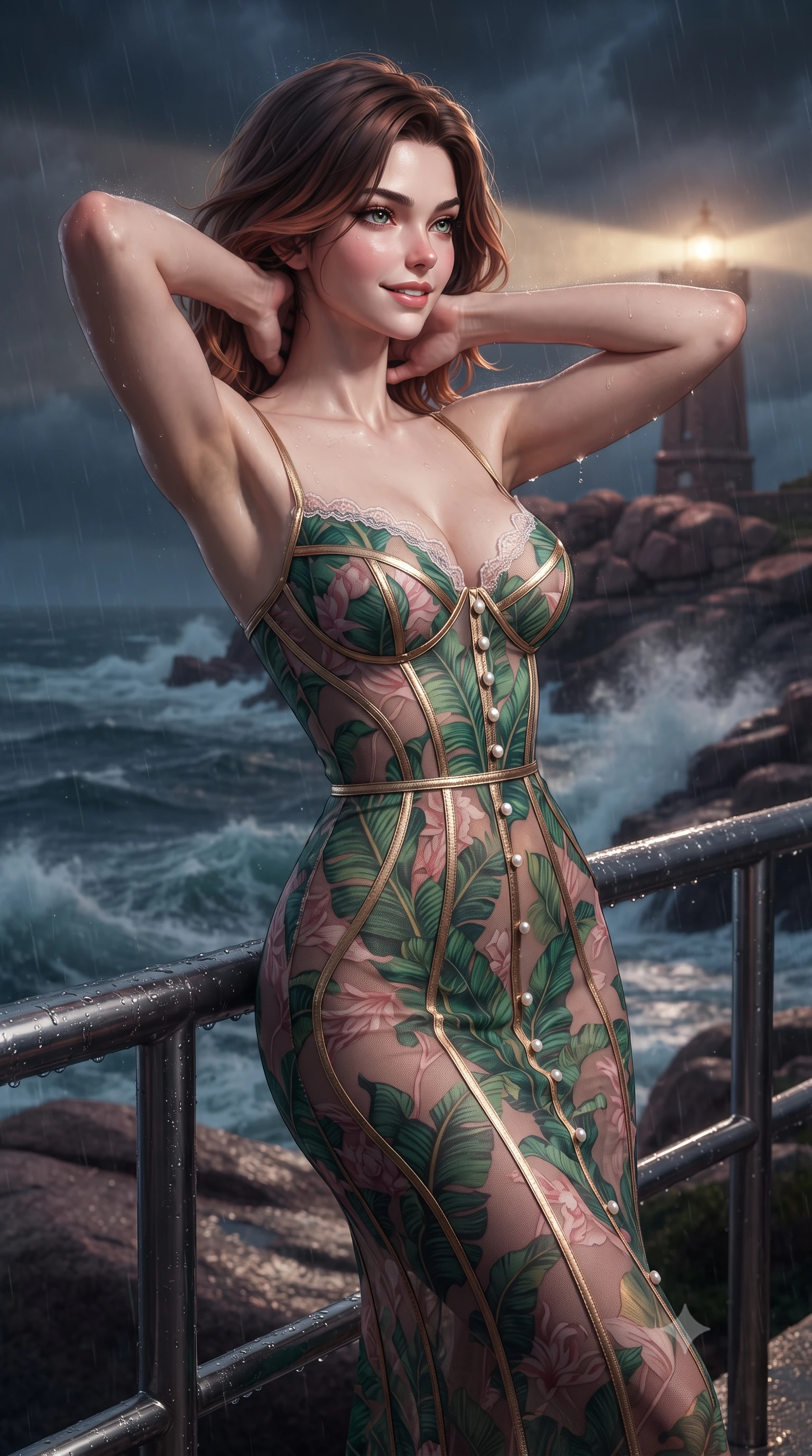score_9, masterpiece, best quality, ultra-detailed, high-budget anime keyframe, editorial fashion photography, tasteful artistic composition, Korean woman. close-up cowboy shot from the waist and thighs up, the character dominates the composition, filling the frame with her large presence. resting both hands lightly behind her neck with elbows raised, arching her spine to highlight her narrow waist, flat midriff, and breathtaking collarbones while leaning against the stainless steel railing with hips cocked back, looking into the stormy Atlantic night with smoldering bedroom-eyes. The background shows a soft-focus sweeping golden beacon beam of the historic lighthouse, foaming Atlantic ocean breakers, and pink granite rock formations blurred into rose gold, cyan, and navy bokeh. She has an exceptionally elegant, slender, and willowy female figure with an ultra-slim waist, flat toned midriff, narrow ribcage, and sculpted feminine hips creating an alluring, slim hourglass silhouette without bulk. sharp v-shaped jawline, high-bridge nose, intricate jewel-like sparkling eyes with depth, thick eyelashes, glossy parted lips with a natural peach sheen, bright cheerful beaming smile with an enchanting and coquettish sensual glint, exuding both youthful cute charm and seductive allure, flawlessly proportioned anatomical accuracy, strict slender model proportions, natural body alignment, perfectly sculpted long slender limbs, ultra-slim waistline, clean dynamic posture without body distortion. wearing a plunge-front sheer illusion tulle slip dress with liquid gold ribbon stripes hugging her curves in Beverly Hills vintage banana-leaf emerald and blush pink, woven from fine semi-opaque stretch illusion mesh tracing her slender contours, finished with scalloped eyelash lace trim framing her sweetheart neckline with intimate elegance, the bespoke structured tailoring following the natural line of her 8.5-heads silhouette with refined elegance. illuminated by wet rock specular reflections and sharp rose-platinum rim lights defining her dewy collarbones, ultra-slim waist, and curvy hips. ultra-reflective glossy finish, specular highlights, rich textural contrasts, high-contrast stereoscopic depth, volumetric dynamic lighting, 2k, ultra detail, master piece, 9:16 ratio
