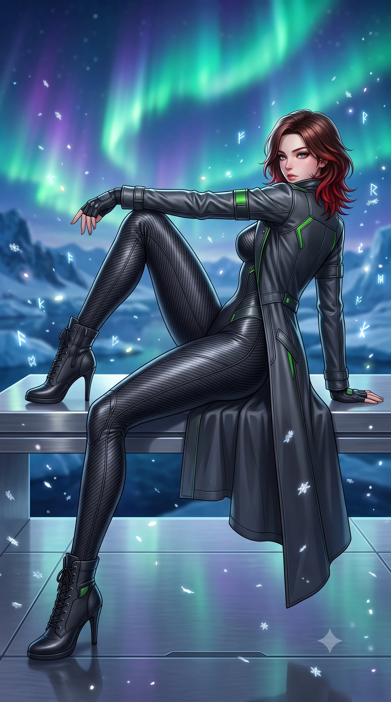 score_9, masterpiece, best quality, ultra-detailed, high-budget anime keyframe, semi-realistic 3D game render, editorial fashion photography, tasteful artistic composition, Korean woman. low angle full-body shot from head to toe showing her feet, filling the entire 9:16 vertical frame with her statuesque presence, stretching her vertical silhouette. reclining on her side in an elegant Cleopatra pose with one knee drawn up, the dramatic contour of her rounded hips and long slender legs commanding the 9:16 vertical frame while standing poised on a polished titanium altar overlooking midnight glaciers, twisting her torso to look back with fierce, intoxicating allure as auroras dance overhead. The composition keeps background elements in soft focus with creamy bokeh. drifting frost crystal flakes and holographic rune glyphs scattering radiant celestial light motes. She has an absolutely perfect, statuesque 8.5-heads proportion, an exceptionally tall and slender model-like female figure with impossibly long slender legs, a toned flat midriff, an ultra-slim waist, and beautifully sculpted feminine hips. sharp v-shaped jawline, high-bridge nose, intricate jewel-like eyes with depth, thick eyelashes, glossy parted lips with a natural sheen, intensely captivating and seductive bedroom-eyes expression, flawlessly proportioned anatomical accuracy, strict slender model proportions, natural body alignment, perfectly sculpted long slender limbs, ultra-slim waistline, clean dynamic posture without body distortion. wearing a second-skin dark carbon-weave infiltration catsuit paired with a tailored long leather trench coat in dark carbon grey and laser green accents, crafted from lightweight carbon-titanium composite with precision beveled seams, complemented by tactical fingerless combat gloves and stiletto combat boots, the liquid-tight tailored fabric clinging flawlessly to her narrow waist and rounded feminine hips, emphasizing every millimeter of her sculpted hourglass curves during movement. bathed in vibrant emerald and violet aurora backlighting from the polar sky. highly saturated vibrant anime colors, detailed shading with soft gradients, rich glossy textures, high-contrast stereoscopic depth, volumetric dynamic lighting, master piece, 9:16 ratio