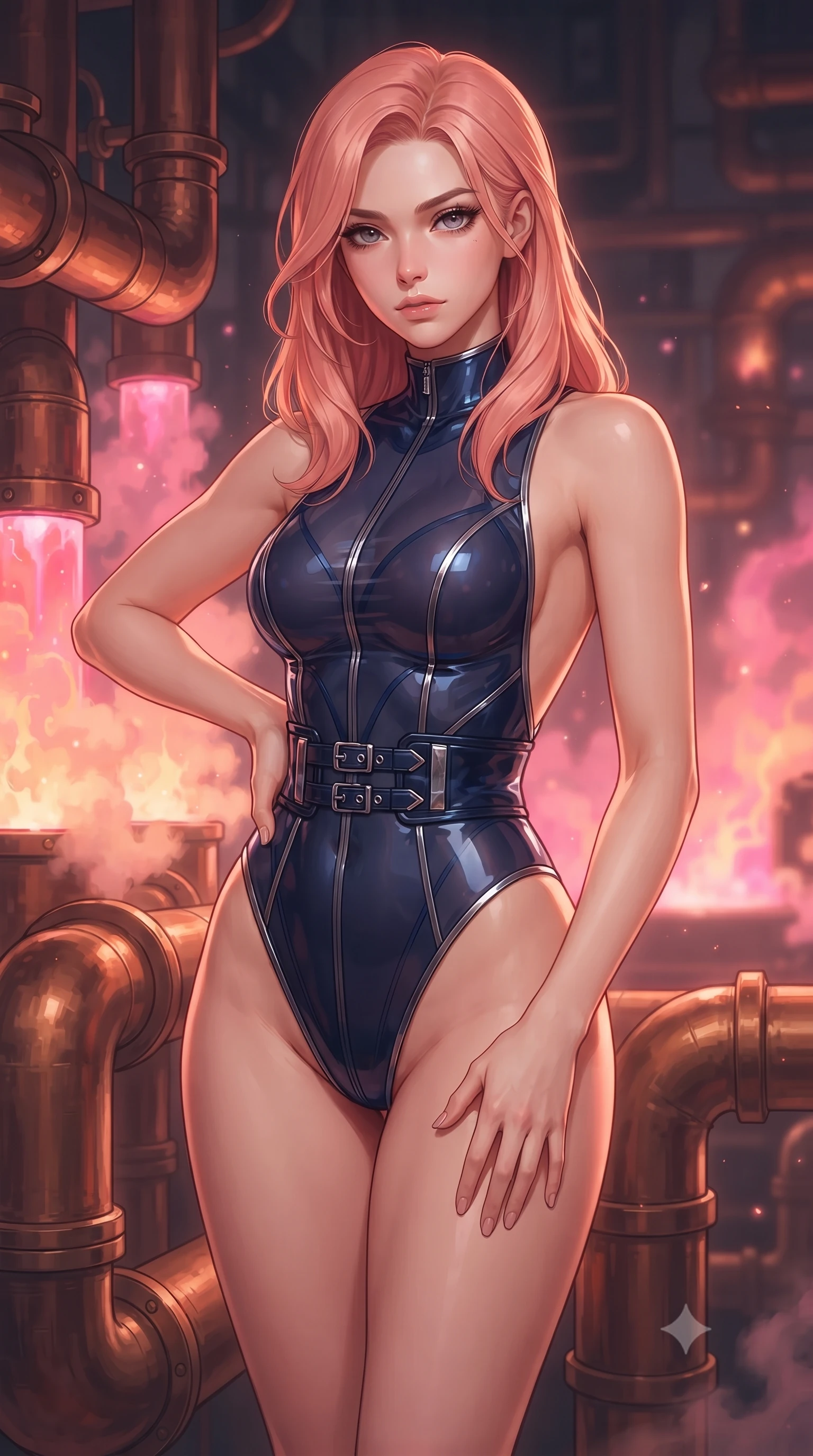 score_9, masterpiece, best quality, ultra-detailed, high-budget anime keyframe, editorial fashion photography, tasteful artistic composition, Japanese woman. close-up cowboy shot from the waist and thighs up, the character dominates the composition, filling the frame with her large presence, background elements kept in soft focus. Holding a confident power pose with one hand on her hip, gazing directly into the camera with quiet intensity poised beside giant bronze steam pipes emitting pink and amber vapor clouds, boiling liquid aurora energy radiating intense hot pink and orange light. She has an exceptionally elegant, slender, and willowy female figure with an ultra-slim waist, a gracefully sculpted slender torso, and a refined silhouette. sharp v-shaped jawline, high-bridge nose, intricate jewel-like eyes with depth, thick eyelashes, glossy lips with a natural sheen. wearing a high-cut translucent vinyl leotard with front paneling and open back in midnight navy blue and chrome trim, crafted from smooth liquid silk, detailed with polished silver buckles along the waistline, the elegant draped fit framing her graceful clavicle and slender torso. surrounded by a warm, powerful industrial fantasy atmosphere. ultra-reflective glossy finish, specular highlights, metallic sheen, high-contrast stereoscopic depth, volumetric dynamic lighting, 2k, ultra detail, master piece, 9:16 ratio