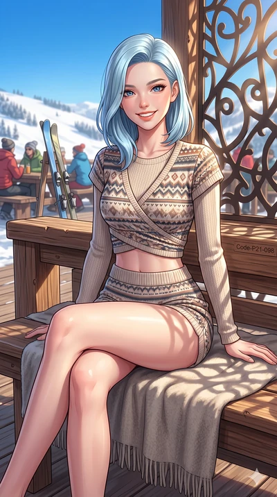 score_9, masterpiece, best quality, ultra-detailed, high-budget anime keyframe, vibrant anime aesthetic, Korean woman. cowboy shot from the thighs up, character and outfit filling the frame for maximum presence. She is sitting on the ski deck, smilin