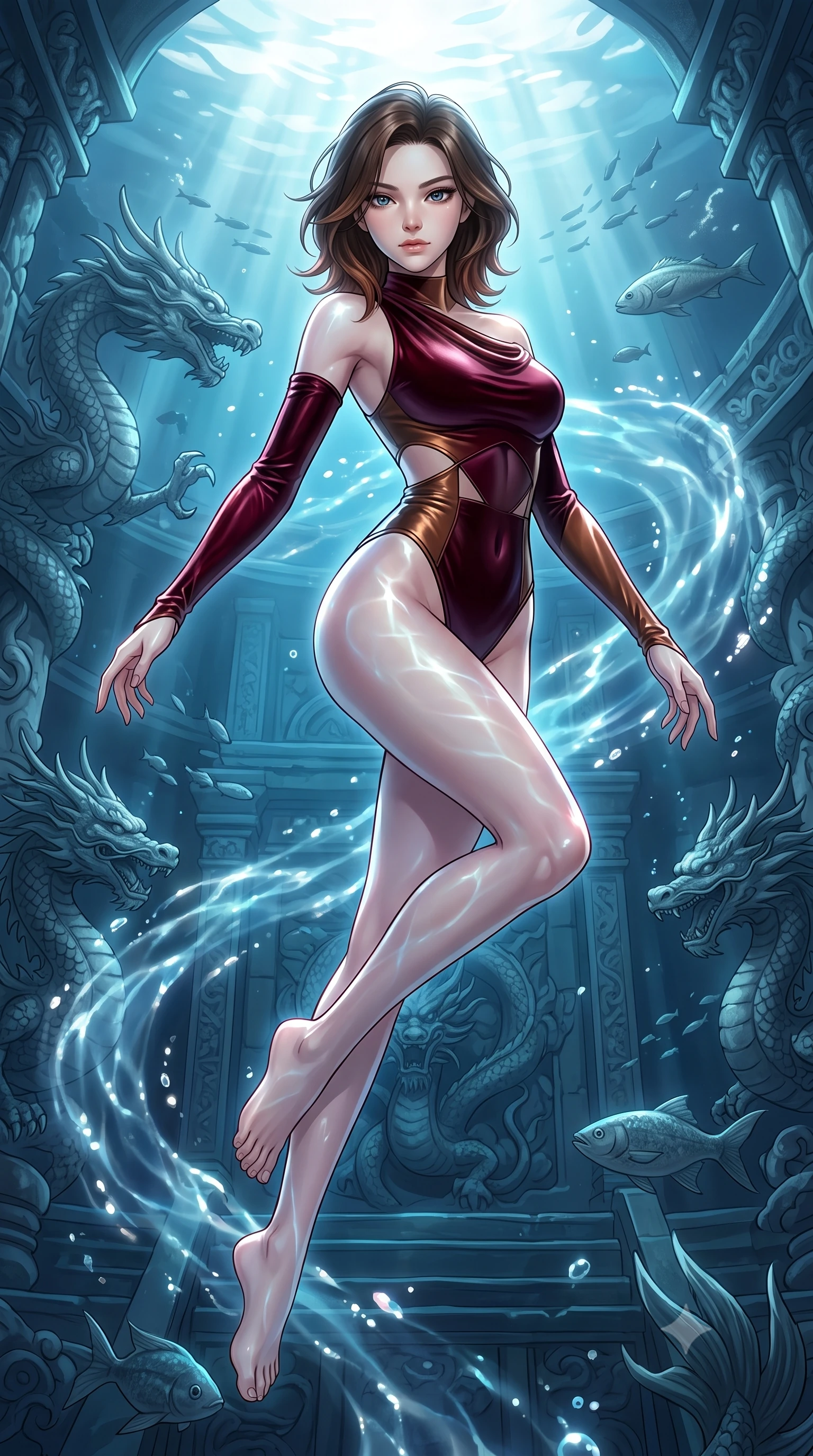 score_9, masterpiece, best quality, ultra-detailed, high-budget anime keyframe, editorial fashion photography, tasteful artistic composition, Korean woman. low angle full-body shot from head to toe showing her feet, filling the entire 9:16 vertical frame with her statuesque presence, stretching her vertical silhouette. pivoting dynamically in zero-gravity with fluid body alignment, displaying her perfect model proportions while floating underwater in a dynamic mid-air spin inside a sunken dragon temple, swirling ocean currents casting fluid motion patterns across her form. She has an absolutely perfect, statuesque 8.5-heads proportion, an exceptionally tall and slender model-like female figure with impossibly long slender legs and an ultra-slim waist. sharp v-shaped jawline, high-bridge nose, intricate jewel-like eyes with depth, thick eyelashes, glossy lips with a natural sheen, flawlessly proportioned anatomical accuracy, natural body alignment, perfectly sculpted elegant limbs, clean dynamic posture without body distortion. wearing an asymmetrical high-cut tech-bodysuit with detached sleeves in deep burgundy and bronze, made of premium stretch velvet with a rich sheen, featuring subtle geometric cutouts that highlight her ultra-slim midriff, the elegant draped fit framing her graceful clavicle and slender torso. surrounded by a shimmering ocean aura with bright pearl-white specular rim lights. highly saturated vibrant anime colors, detailed shading with soft gradients, rich glossy textures, high-contrast stereoscopic depth, volumetric dynamic lighting, master piece, 9:16 ratio