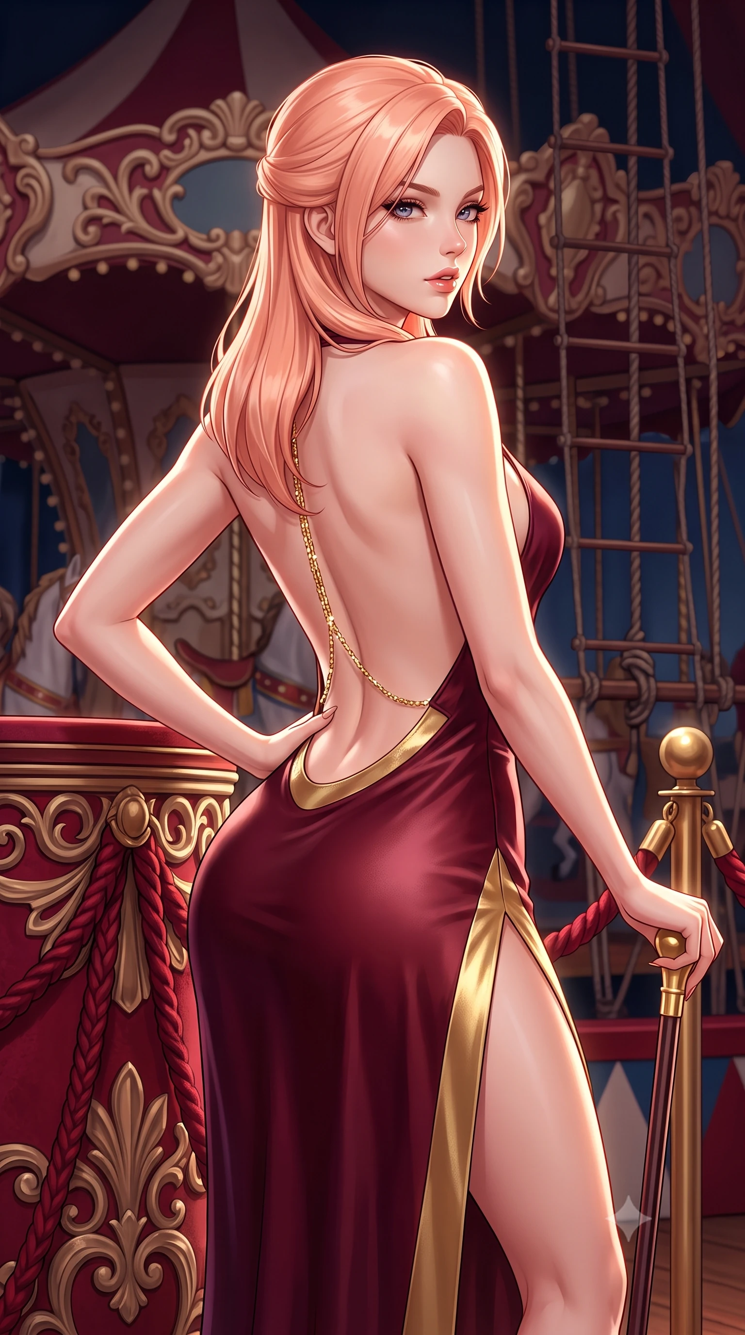 score_9, masterpiece, best quality, ultra-detailed, high-budget anime keyframe, semi-realistic 3D game render, editorial fashion photography, tasteful artistic composition, Japanese woman. close-up cowboy shot from the waist and thighs up, the character dominates the composition, filling the frame with her large presence. posing in an alluring rear three-quarter angle, arching her lower back in a pronounced S-curve with one hand on her hip, glancing seductively over her bare shoulder with parted glossy lips while leaning against a crimson circus ringmaster podium with hips cocked back, holding a gold-tipped cane while locking smoldering eyes with the lens. The surrounding environment is rendered in vivid detail and crisp panoramic clarity. sharp carved carousel filigree, velvet rope braid textures, and circus platform rigging in deep focus. She has an exceptionally elegant, slender, and willowy female figure with an ultra-slim waist, a gracefully sculpted slender torso, toned flat midriff, and rounded feminine hips creating an alluring hourglass silhouette. sharp v-shaped jawline, high-bridge nose, intricate jewel-like eyes with depth, thick eyelashes, glossy parted lips with a natural sheen, intensely captivating and seductive bedroom-eyes expression, flawlessly proportioned anatomical accuracy, strict slender model proportions, natural body alignment, perfectly sculpted long slender limbs, ultra-slim waistline, clean dynamic posture without body distortion. wearing a liquid silk jersey halter gown with an open scooped back descending to her waist and high hip slit in antique burgundy wine and shimmering gold, formed from supple second-skin lambskin leather with liquid drape, accented with a glittering gold back chain tracing her bare spine down to her hip line, the precision-cut side openings and low-back scoop framing her graceful spine and the sensual sweep of her hips. illuminated by crisp directional rim lighting sharply carving her razor-sharp jawline, narrow waist, and curvy hips. highly saturated vibrant anime colors, detailed shading with soft gradients, rich glossy textures, high-contrast stereoscopic depth, volumetric dynamic lighting, master piece, 9:16 ratio