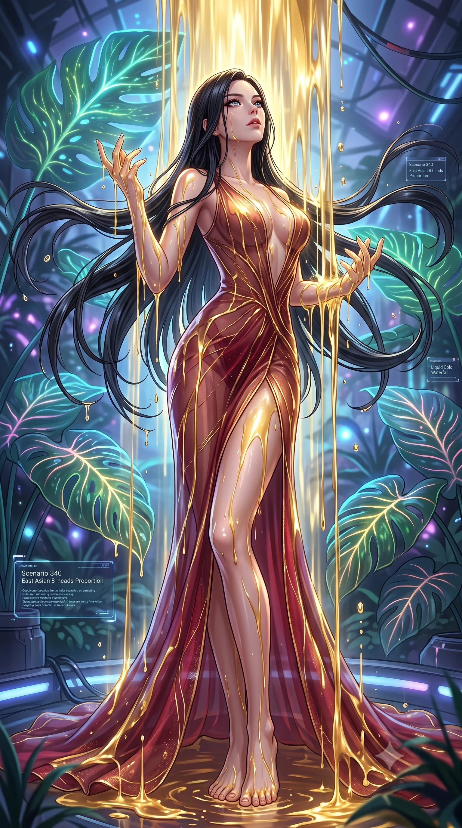 score_9, masterpiece, best quality, ultra-detailed, High-budget Anime Keyframe, East Asian woman. Dynamic full-body shot stretching the vertical silhouette to the limit. Scenario 340: standing under a waterfall of liquid gold, the fluid coating her form, in a cybernetic greenhouse filled with giant glowing tropical leaves. Her presence is magnetic and overpowering in this high-budget anime scene. Outfit 340: a body-hugging sheer organza dangerous with a thigh-high slit and tight-fitting silhouette. The clothing is designed to emphasize her exceptionally tall and slender 8-heads proportion. 8-heads proportion, towering silhouette, ultra-slim waist. sharp v-shaped jawline, intricate jewel-like eyes with depth, thick eyelashes, glossy lips. 2k, ultra detail, master piece, 9:16 ratio