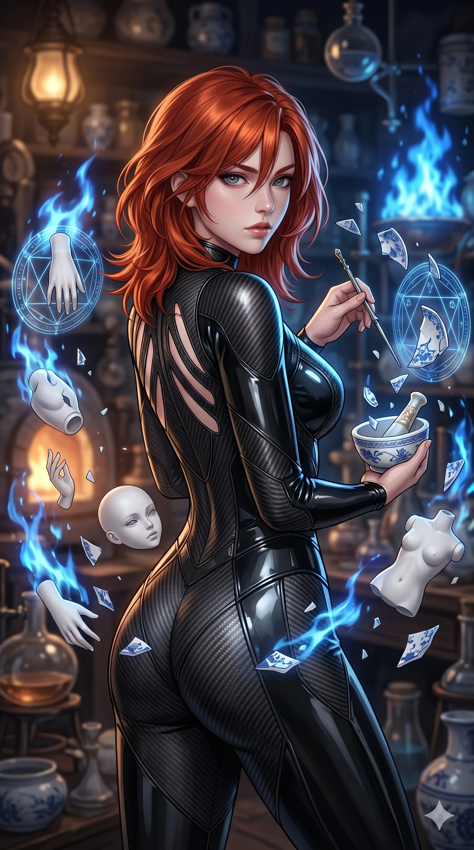 score_9, masterpiece, best quality, ultra-detailed, high-budget anime keyframe, Korean woman. upper body close-up from the thighs up, character filling the screen for maximum presence. assisting in an alchemical porcelain workshop where floating white bisque doll parts and blue porcelain shards swirl amidst blue alchemical flames. She has an absolutely perfect 8-heads proportion, an exceptionally tall and slender female figure with impossibly long slender legs and an ultra-slim waist. V-shaped jawline, high-bridge nose, intricate jewel-like eyes with depth, thick eyelashes, glossy lips with a natural sheen.. wearing a second-skin carbon fiber combat suit, featuring matte carbon fiber and glossy latex panels with elegant slitted cutouts on the upper back. lit by a soft glowing ambient light and a sharp side key light that traces the sleek contours of her athletic build. 2k, ultra detail, master piece, 9:16 ratio
