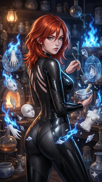 score_9, masterpiece, best quality, ultra-detailed, high-budget anime keyframe, Korean woman. upper body close-up from the thighs up, character filling the screen for maximum presence. assisting in an alchemical porcelain workshop where floating whit