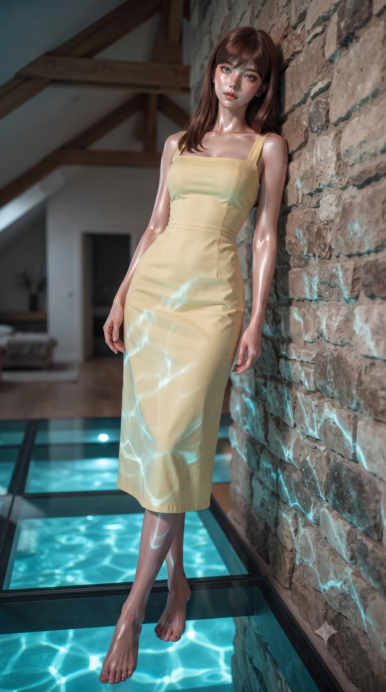 score_9, masterpiece, best quality, ultra-detailed, high-budget anime keyframe, editorial fashion photography, tasteful artistic composition, Korean woman woman. low angle full-body shot from head to toe showing her feet, filling the entire 9:16 vertical frame with her statuesque presence, stretching her vertical silhouette. leaning back against a rustic stone wall, casting a slow, alluring gaze at the camera the background shows a soft-focus a modern attic room with a glass floor looking down into a glowing indoor pool. She has an absolutely perfect, statuesque 8.5-heads proportion, an exceptionally tall and slender model-like female figure with impossibly long slender legs and an ultra-slim waist. sharp v-shaped jawline, high-bridge nose, intricate jewel-like eyes with depth, thick eyelashes, glossy lips with a natural sheen. wearing a tailored casual summer sundress in pale yellow cotton with a simple square neckline. shifting cyan and blue water reflections mapping across her features from below. ultra-reflective glossy finish, specular highlights, metallic sheen, high-contrast stereoscopic depth, volumetric dynamic lighting, 2k, ultra detail, master piece, 9:16 ratio