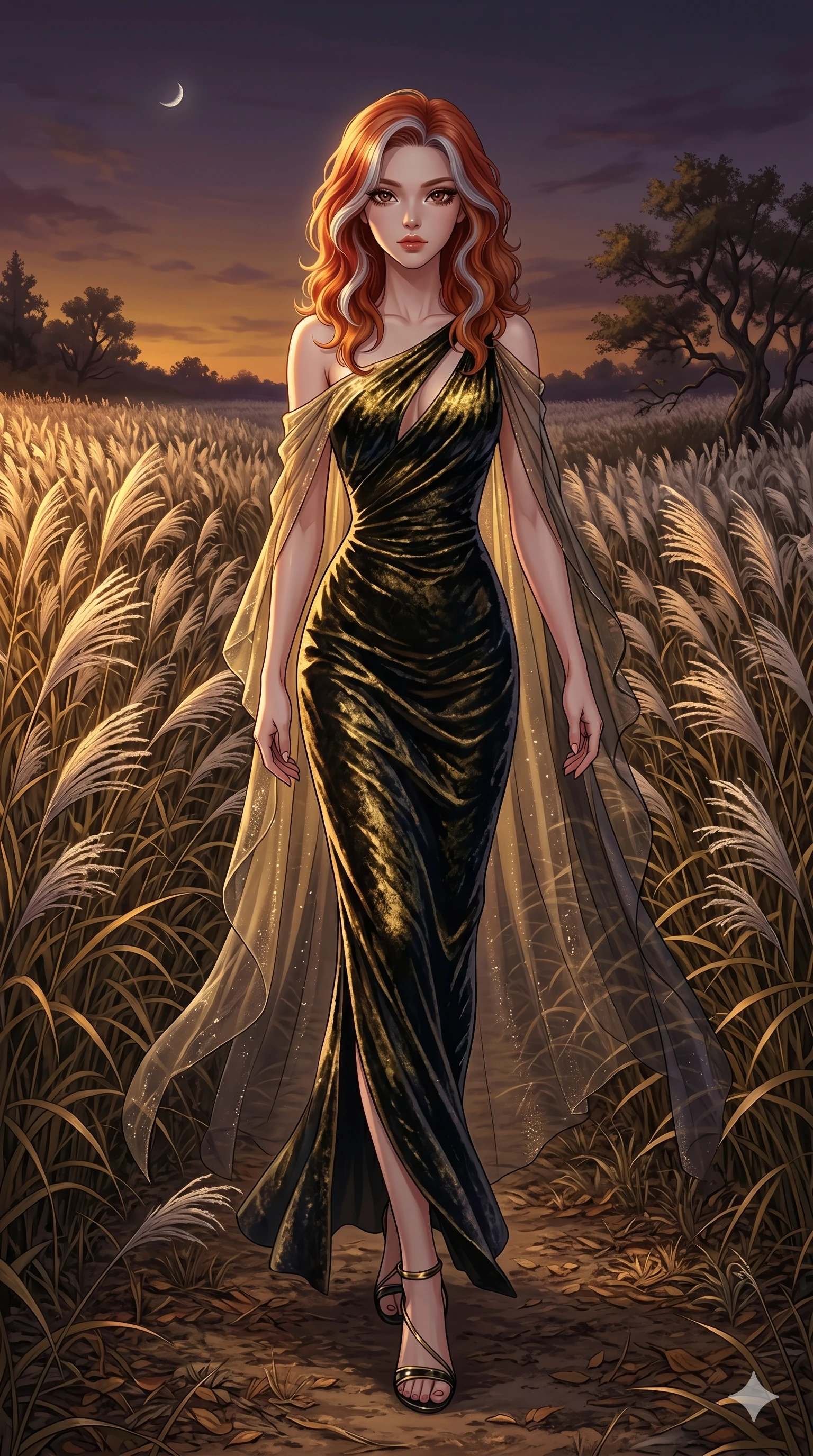 score_9, masterpiece, best quality, ultra-detailed, High-budget Anime Keyframe, East Asian woman. Dynamic full-body shot stretching the vertical silhouette to the limit. Scenario 68: Walking through a field of tall silver grass at twilight. Her presence is magnetic and overpowering in this high-budget anime scene. Outfit 68: A crushed dark velvet gold with a low-cut shoulder and translucent layers. The clothing is designed to emphasize her exceptionally tall and slender 8-heads proportion. 8-heads proportion, towering silhouette, ultra-slim waist. sharp v-shaped jawline, intricate jewel-like eyes with depth, thick eyelashes, glossy lips. 2k, ultra detail, master piece, 9:16 ratio