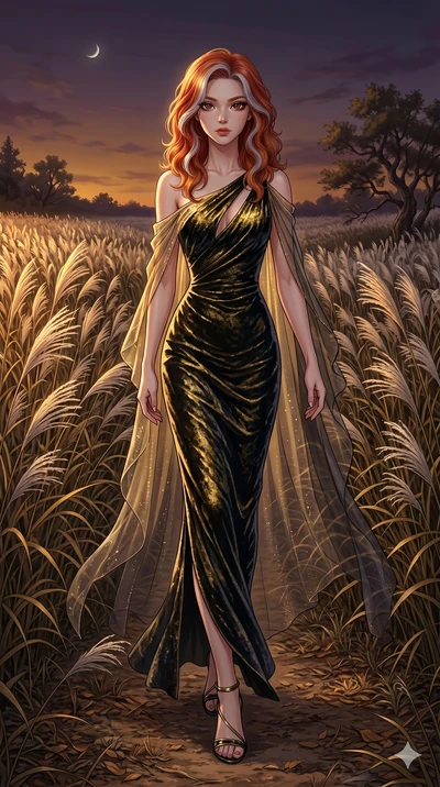 score_9, masterpiece, best quality, ultra-detailed, High-budget Anime Keyframe, East Asian woman. Dynamic full-body shot stretching the vertical silhouette to the limit. Scenario 68: Walking through a field of tall silver grass at twilight. Her prese