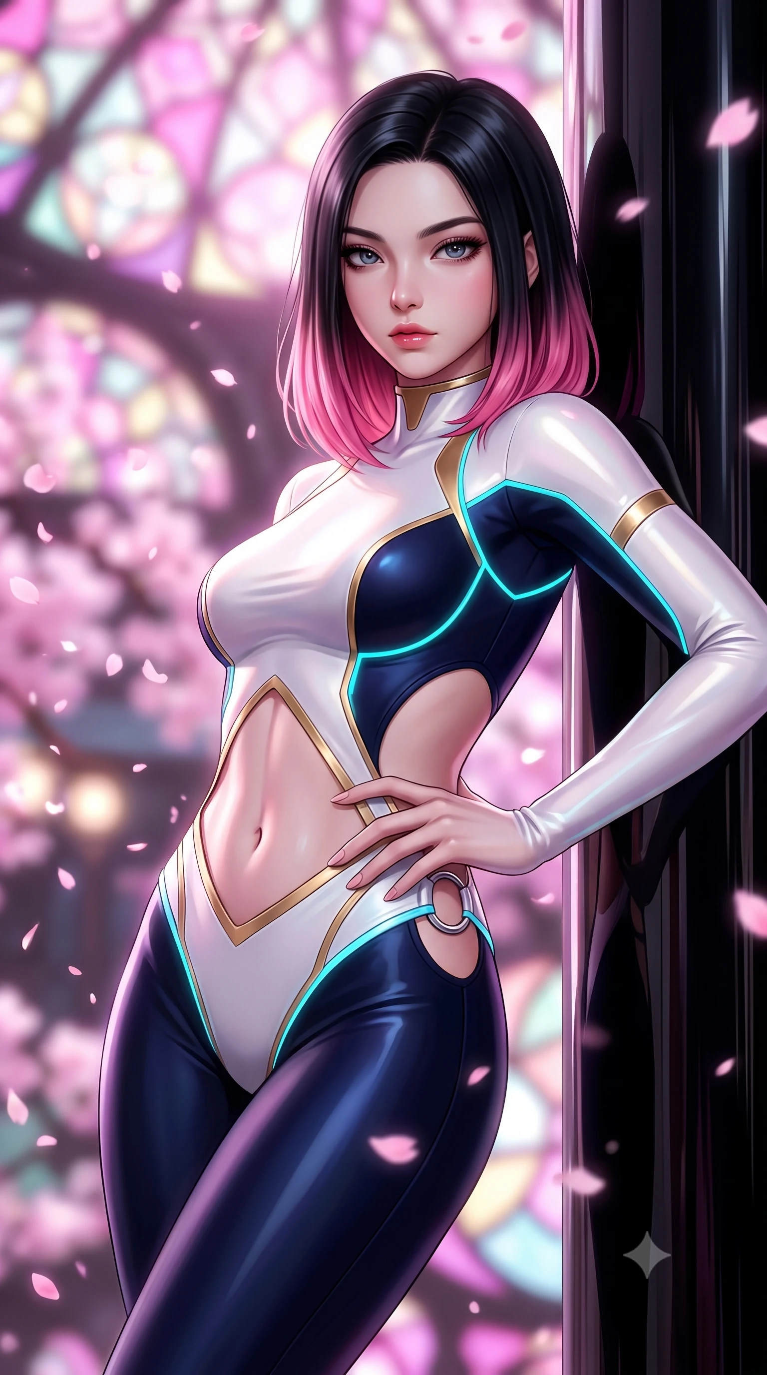 score_9, masterpiece, best quality, ultra-detailed, high-budget anime keyframe, semi-realistic 3D game render, editorial fashion photography, tasteful artistic composition, Korean woman. close-up cowboy shot from the waist and thighs up, the character dominates the composition, filling the frame with her large presence. twisting her upper body in a dynamic S-curve with commanding allure, one hand resting on her slender waist with haughty grace while leaning against a polished black lacquered pillar with an alluring, direct gaze amidst drifting digital blossom particles. The composition keeps background elements in soft focus with creamy bokeh. swirling digital sakura petals and glowing stained-glass dome facets blurred into dreamy magenta and pastel pink bokeh. She has an exceptionally elegant, slender, and willowy female figure with an ultra-slim waist, a gracefully sculpted slender torso, toned flat midriff, and a refined slim silhouette. sharp v-shaped jawline, high-bridge nose, intricate jewel-like eyes with depth, thick eyelashes, glossy lips with a natural sheen, flawlessly proportioned anatomical accuracy, strict slender model proportions, natural body alignment, perfectly sculpted long slender limbs, ultra-slim waistline, clean dynamic posture without body distortion. wearing a second-skin white-and-gold high-fashion tech-bodysuit with diagonal midriff cutouts and glowing cyan fiber seams in deep midnight navy blue and pure starlight chrome, made of liquid jersey fabric that clings flawlessly to every contour of her build, detailed with polished silver rings connecting the daring side-waist cutouts, the glove-like aerodynamic second-skin fit tightly clinging to her ultra-slender waist and athletic curves without adding bulk, accentuating her razor-sharp statuesque lines and slim hourglass silhouette. surrounded by an exotic, romantic, and breathtakingly stylish cyber-goddess aura. rich saturated anime colors with glowing neon highlights, detailed shading with soft gradients, rich glossy textures, high-contrast stereoscopic depth, volumetric dynamic lighting, master piece, 9:16 ratio