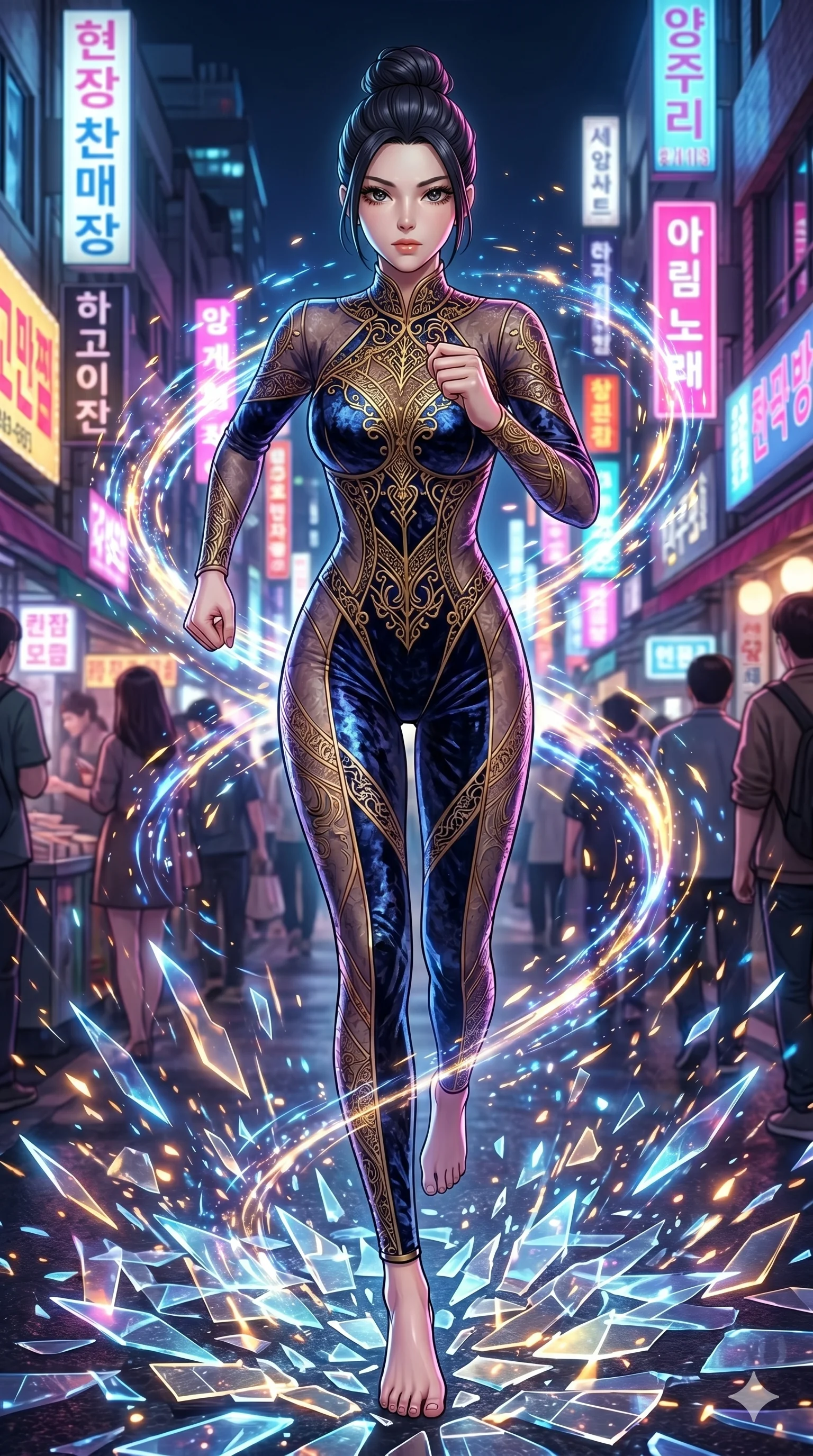 score_9, masterpiece, best quality, ultra-detailed, Set A: High-budget Anime Keyframe, Japanese woman. Low angle cowboy shot filling the entire 9:16 frame with her statuesque presence. Sprinting through a neon-lit Neo-Seoul market, as the ground beneath her turns into 201 shards of light and surrounded by glowing energy sparks. She has an absolutely perfect 8-heads proportion, an exceptionally tall and slender female figure with impossibly long slender legs and an ultra-slim waist. Sharp v-shaped jawline, high-bridge nose, intricate jewel-like eyes with depth, thick eyelashes, glossy lips with a natural sheen. Wearing Crushed dark velvet bodysuit with golden filigree and sheer fabric transparency. Cinematic lighting, vibrant colors, dramatic shadows, 2k, ultra detail, master piece, 9:16 ratio