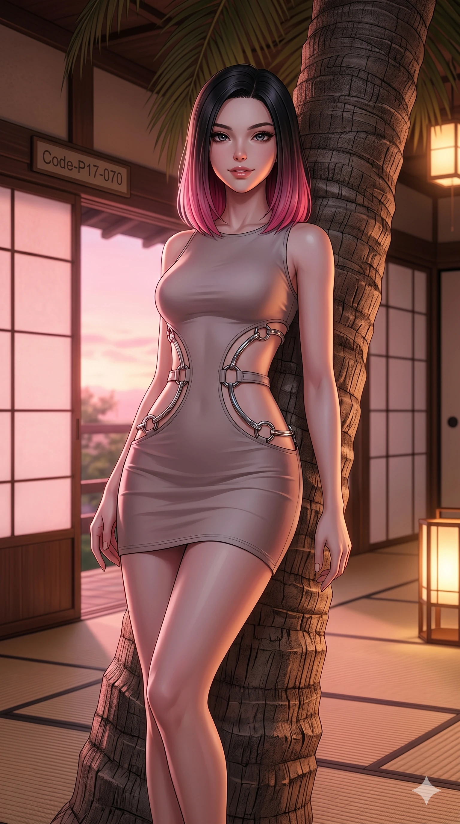 score_9, masterpiece, best quality, ultra-detailed, high-budget anime keyframe, editorial fashion photography, tasteful artistic composition, Korean woman. cowboy shot from the thighs up, character and outfit filling the frame for maximum editorial presence. leaning back against a massive palm trunk, her lips parted slightly in a confident smile inside a traditional tatami room with sliding paper doors (Code-P17-070). She has an absolutely perfect 8-heads proportion, an exceptionally tall and slender female figure with impossibly long slender legs and an ultra-slim waist. V-shaped jawline, high-bridge nose, intricate jewel-like eyes with depth, thick eyelashes, glossy lips with a natural sheen. wearing a bodycon dress with dramatic curved waist cutouts framed by chrome ring hardware. soft pink sunset glow mixed with warm lantern light, tracing her jawline and lips. 2k, ultra detail, master piece, 9:16 ratio