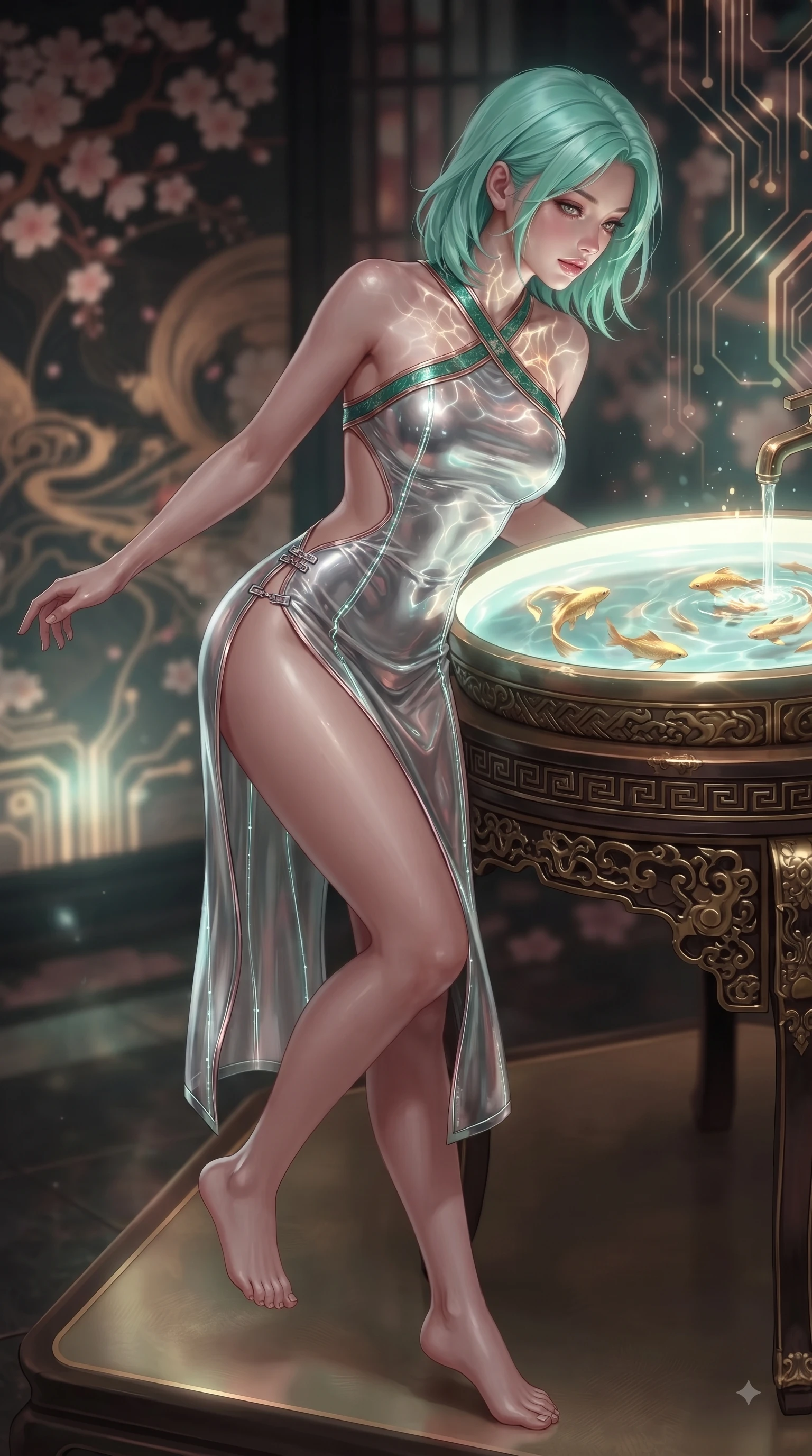 score_9, masterpiece, best quality, ultra-detailed, high-budget anime keyframe, editorial fashion photography, tasteful artistic composition, Japanese woman. low angle full-body shot from head to toe showing her feet, filling the entire 9:16 vertical frame with her statuesque presence, stretching her vertical silhouette. pivoting dynamically in mid-motion with a breathtakingly alluring posture, displaying her flawless model proportions and ultra-slim waist while leaning over a glowing water basin as golden digital fish ripple light across her clavicle and chest. The composition keeps background elements in soft focus with creamy bokeh. glowing water ripples creating soft, undulating light patterns across the backdrop. She has an absolutely perfect, statuesque 8.5-heads proportion, an exceptionally tall and slender model-like female figure with impossibly long slender legs and an ultra-slim waist. sharp v-shaped jawline, high-bridge nose, intricate jewel-like eyes with depth, thick eyelashes, glossy lips with a natural sheen, flawlessly proportioned anatomical accuracy, natural body alignment, perfectly sculpted elegant limbs, clean dynamic posture without body distortion. wearing a molten silver liquid-metal mini dress featuring deep side-waist cutouts and a daring crossover halter neckline in emerald green and metallic rose gold trim, tailored from semi-translucent cybernetic vinyl with glowing micro-filaments, finished with an ultra-high side slit secured by miniature magnetic clasps, the form-contouring second-skin material highlighting her ultra-slim waist and long lines. surrounded by an intimate, exotic, and captivatingly sensual oriental cyber atmosphere. ultra-reflective glossy finish, specular highlights, metallic sheen, high-contrast stereoscopic depth, volumetric dynamic lighting, 2k, ultra detail, master piece, 9:16 ratio