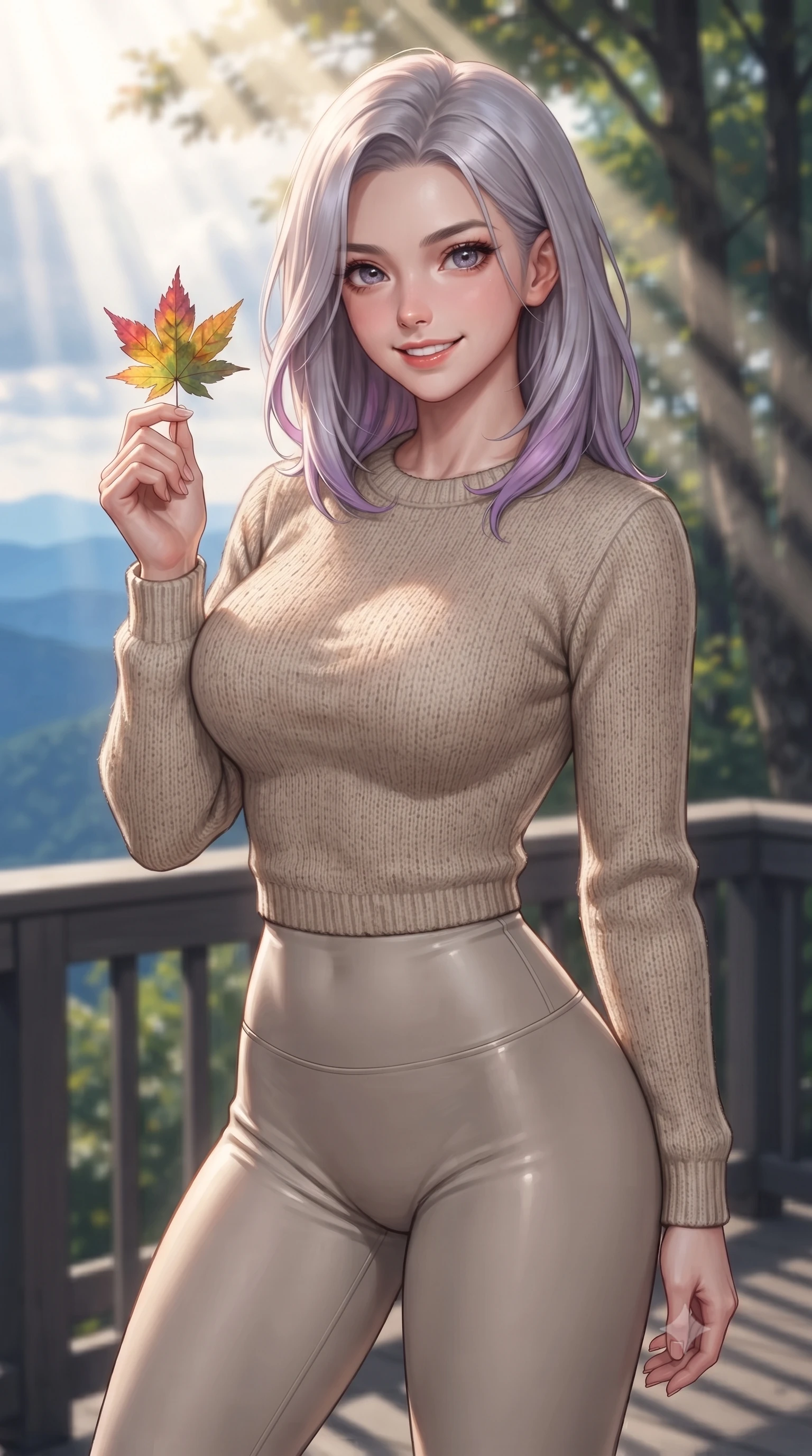 score_9, masterpiece, best quality, ultra-detailed, high-budget anime keyframe, editorial fashion photography, tasteful artistic composition, Caucasian woman. close-up cowboy shot from the waist and thighs up, the character dominates the composition, filling the frame with her large presence, background elements kept in soft focus. smiling with cute and bright self-assurance, looking directly at the viewer set against a soft-focus background of on a scenic viewing platform overlooking distant blue mountain ridges holding a colorful maple leaf with a delighted, cheerful smile. She has an exceptionally elegant, slender, and willowy female figure with an ultra-slim waist, a gracefully sculpted slender torso, and a refined silhouette. sharp v-shaped jawline, high-bridge nose, intricate jewel-like eyes with depth, thick eyelashes, glossy lips with a natural sheen. wearing body-hugging cozy knit sweater in oatmeal, paired with activewear pants. volumetric sunbeams slicing through the forest trees, creating light rays. ultra-reflective glossy finish, specular highlights, metallic sheen, high-contrast stereoscopic depth, volumetric dynamic lighting, 2k, ultra detail, master piece, 9:16 ratio