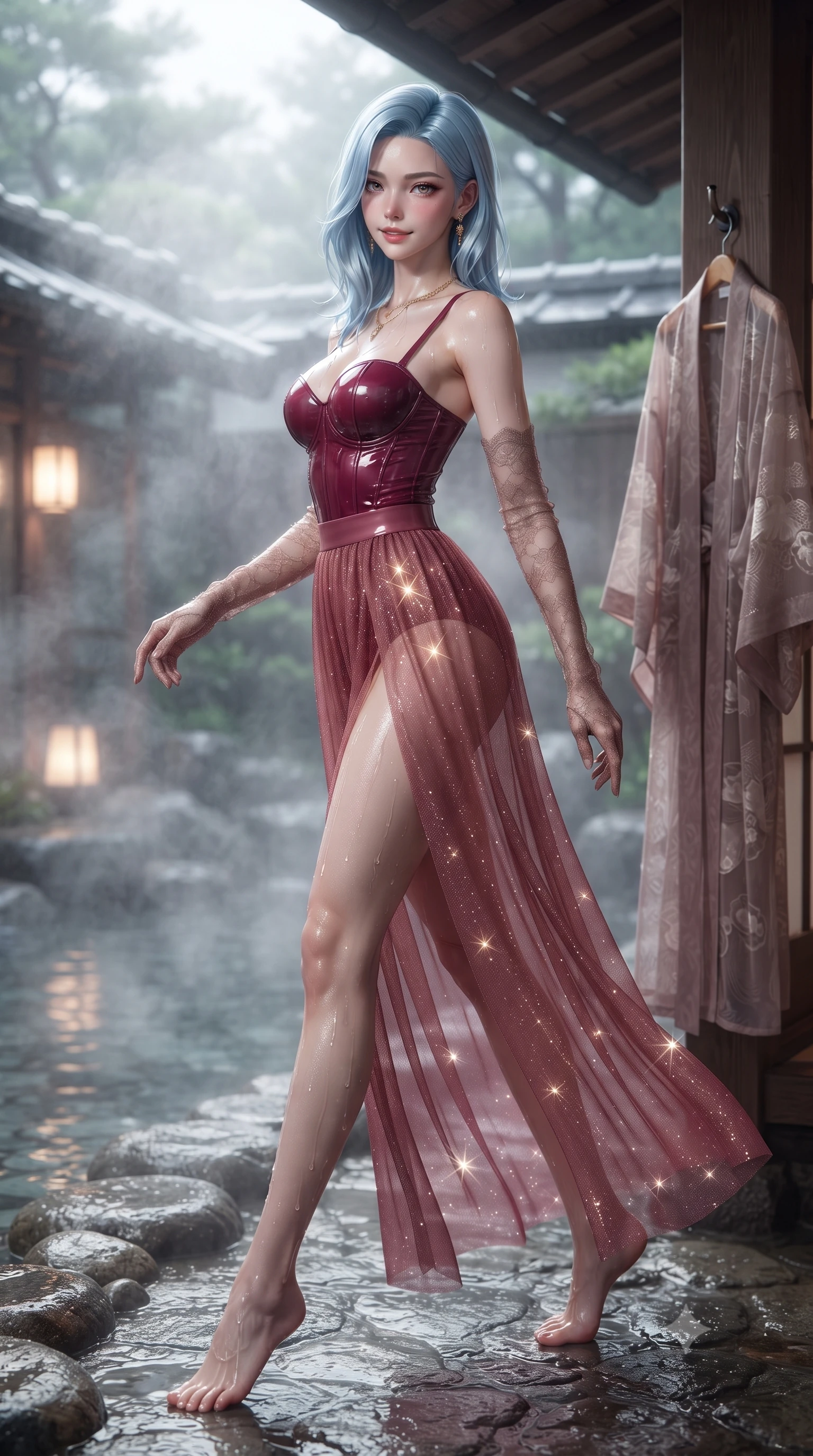 score_9, masterpiece, best quality, ultra-detailed, high-budget anime keyframe, editorial fashion photography, tasteful artistic composition, Korean woman. low angle full-body shot from head to toe showing her feet, filling the entire 9:16 vertical frame with her statuesque presence, stretching her vertical silhouette. executing a slow, graceful pivot turn as her skirt sways around her slender legs, glancing back with an enchanting, teasing sensual expression while standing poised on the wet river stone deck at the water's edge, water glistening on her legs as she glances back with a flirtatious half-smile. The surrounding environment is rendered in vivid detail and crisp panoramic clarity: detailed semi-sheer silk kimono robe cling, delicate gold jewelry shine, and bespoke ryokan timber craft in razor-sharp precision. She has an absolutely perfect, statuesque 8.5-heads proportion, an exceptionally tall and slender model-like female figure with impossibly long slender legs, an ultra-slim waist, a flat toned midriff, narrow delicate ribcage, and beautifully sculpted feminine hips creating a graceful, slim hourglass silhouette without any bulky heaviness. sharp v-shaped jawline, high-bridge nose, sparkling eyes with hypnotic seductive depth, thick curled eyelashes, glossy parted lips with a natural dewy peach sheen, alluring bedroom-eyes with an enchanting coquettish smile, exuding magnetic siren charisma and sophisticated glamour, flawlessly proportioned anatomical accuracy, strict slender model proportions, natural body alignment, perfectly sculpted long slender limbs, ultra-slim waistline, clean dynamic posture without body distortion. wearing a wet-look form-fitting vinyl bustier paired with sheer chiffon high-slit wide-leg trousers in smoldering crimson wine and deep rose-gold, woven from stretch metallic lurex jersey casting radiant starlight glints across her silhouette, complemented by sheer opera-length lace evening gloves tracing her slender arms, the high-slit wrap tailoring accentuating her ultra-slim waistline and the enchanting curve of her feminine hips with alluring seductive charm. illuminated by hot water steam scatter and sharp silvery rim lights sculpting her jawline, narrow waist, and voluptuous hip curves. ultra-reflective glossy finish, specular highlights, rich textural contrasts, high-contrast stereoscopic depth, volumetric dynamic lighting, 2k, ultra detail, master piece, 9:16 ratio