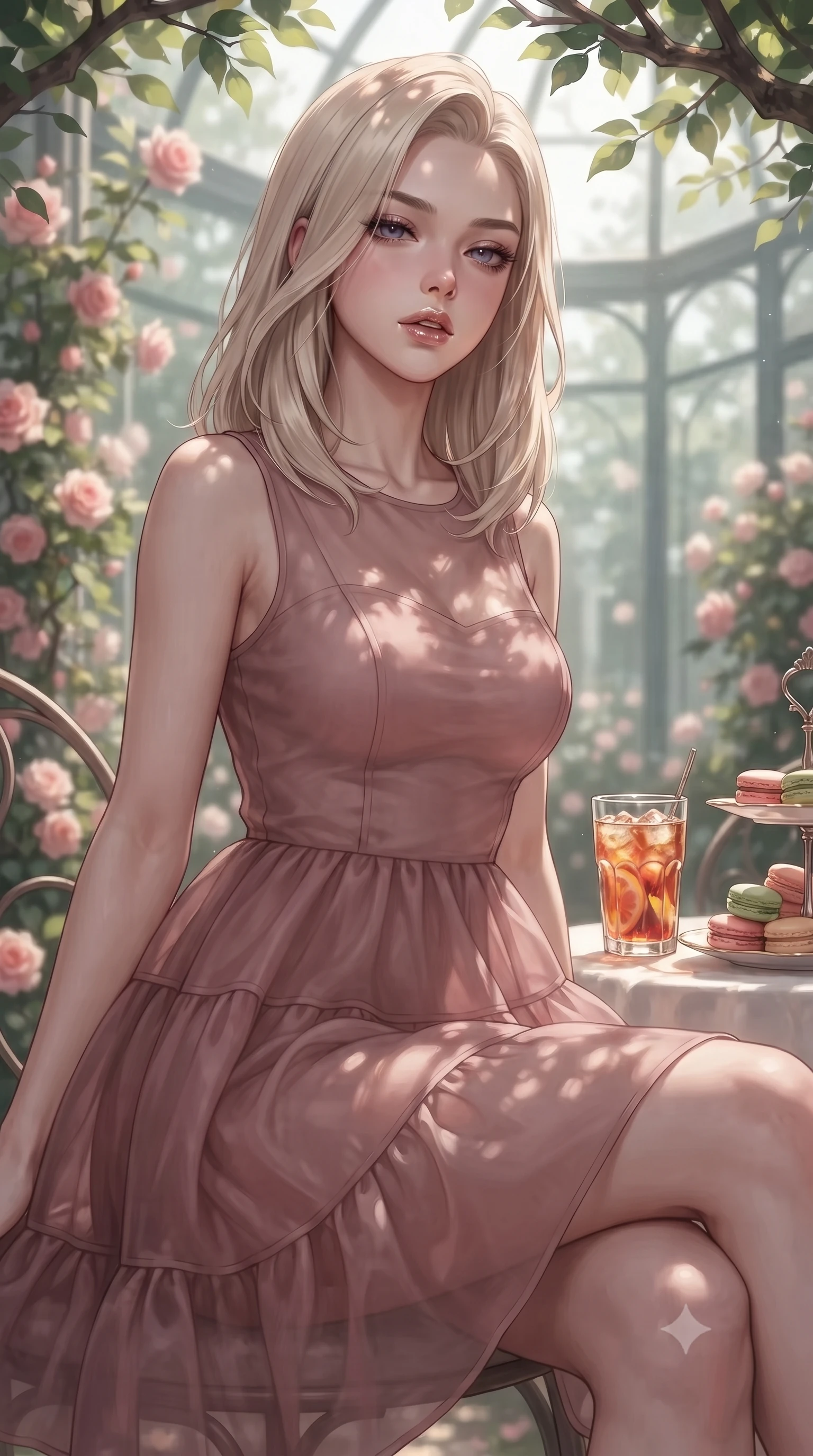 score_9, masterpiece, best quality, ultra-detailed, high-budget anime keyframe, editorial fashion photography, tasteful artistic composition, Caucasian woman. close-up cowboy shot from the waist and thighs up, the character dominates the composition, filling the frame with her large presence, background elements kept in soft focus. looking down at the viewer beneath lowered lashes with a quiet, smoldering confidence and parted lips set against a soft-focus background of inside an exclusive rose conservatory with a glass of iced fruit tea and delicate macaron pastries arranged on the table. She has an exceptionally elegant, slender, and willowy female figure with an ultra-slim waist, a gracefully sculpted slender torso, and a refined silhouette. sharp v-shaped jawline, high-bridge nose, intricate jewel-like eyes with depth, thick eyelashes, glossy lips with a natural sheen. wearing form-contouring dusty rose sheer organza flowy linen sundress with a comfortable tiered skirt silhouette featuring refined tailored seams. highlighted by dappled sunlight filtering through leafy branches, creating soft organic patterns. ultra-reflective glossy finish, specular highlights, metallic sheen, high-contrast stereoscopic depth, volumetric dynamic lighting, 2k, ultra detail, master piece, 9:16 ratio
