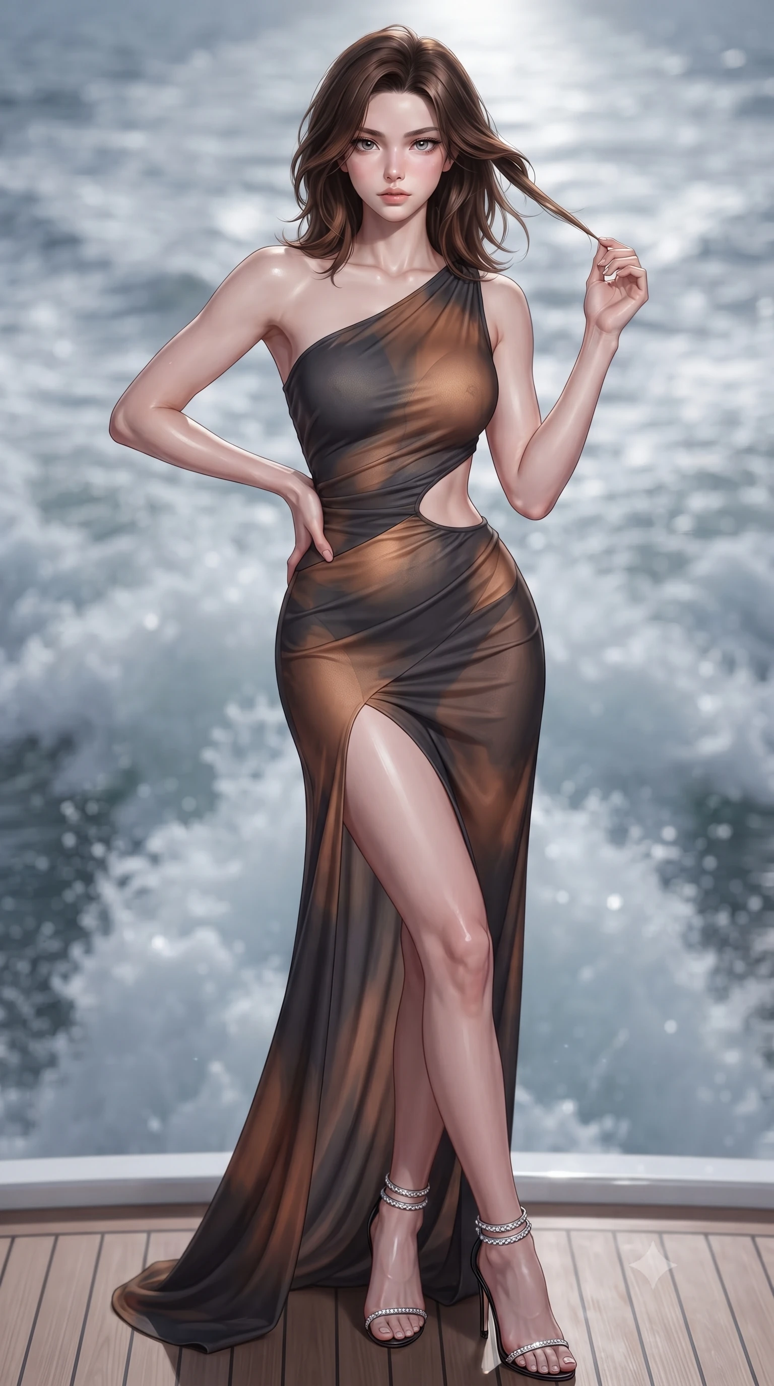 score_9, masterpiece, best quality, ultra-detailed, high-budget anime keyframe, editorial fashion photography, tasteful artistic composition, Korean woman. close-up cowboy shot from the waist and thighs up, the character dominates the composition, filling the frame with her large presence. twisting her slender torso in an alluring contrapposto stance, one hand resting on her sculpted hip while her fingers toy with her hair with effortless poise while twisting her slender torso in an alluring contrapposto stance, warm Mediterranean breezes molding her silk attire to her curvy hips and flat midriff. The background shows a soft-focus foaming bow wave spray softened in exclusive offshore yachting shallow focus. She has an exceptionally elegant, slender, and willowy female figure with an ultra-slim waist, flat toned midriff, narrow ribcage, and sculpted feminine hips creating an alluring, slim hourglass silhouette without bulk. sharp v-shaped jawline, high-bridge nose, sparkling eyes with hypnotic seductive depth, thick curled eyelashes, glossy parted lips with a natural dewy peach sheen, alluring bedroom-eyes with an enchanting coquettish smile, exuding magnetic siren charisma and sophisticated glamour, flawlessly proportioned anatomical accuracy, strict slender model proportions, natural body alignment, perfectly sculpted long slender limbs, ultra-slim waistline, clean dynamic posture without body distortion. wearing an asymmetric one-shoulder liquid jersey gown with dramatic hip-high slit and sculptural waist cutout in Ayung volcanic charcoal and molten bronze, made of semi-opaque stretch illusion mesh with soft shadowy contours, complemented by strappy stiletto sandals with crystal ankle wraps accentuating her slender calves, the glove-like clinging cut tightly following the natural contour of her hips and long slender legs with youthful 8.5-heads elegance. bathed in subtle warm teak deck courtesy LEDs combined with pure silver full moonlight reflecting off open water. ultra-reflective glossy finish, specular highlights, rich textural contrasts, high-contrast stereoscopic depth, volumetric dynamic lighting, 2k, ultra detail, master piece, 9:16 ratio