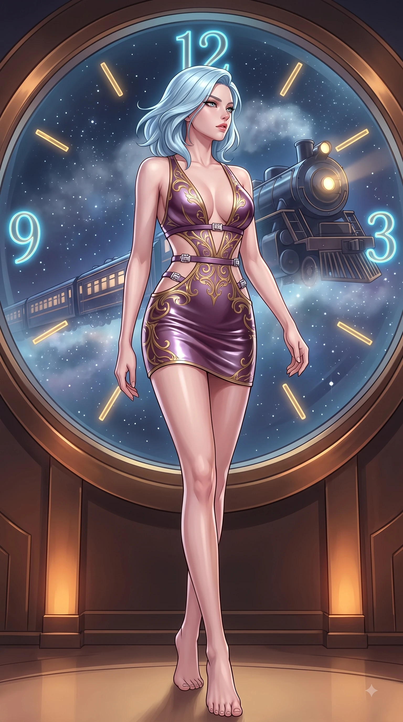 score_9, masterpiece, best quality, ultra-detailed, high-budget anime keyframe, editorial fashion photography, tasteful artistic composition, Korean woman. low angle full-body shot from head to toe showing her feet, filling the entire 9:16 vertical frame with her statuesque presence, stretching her vertical silhouette. stepping forward in a proud dynamic stride with an alluring waist tilt, her vertical silhouette filling the frame while gazing out a circular clock window at a galaxy express train passing through starlight mist, glowing neon clock numbers floating in the air with vintage elegancy. She has an absolutely perfect, statuesque 8.5-heads proportion, an exceptionally tall and slender model-like female figure with impossibly long slender legs and an ultra-slim waist. sharp v-shaped jawline, high-bridge nose, intricate jewel-like eyes with depth, thick eyelashes, glossy lips with a natural sheen, flawlessly proportioned anatomical accuracy, natural body alignment, perfectly sculpted elegant limbs, clean dynamic posture without body distortion. wearing a liquid mercury gloss mini dress with ultra-deep V-neck and waist cutouts in plum purple and gold filigree, crafted from smooth liquid silk, detailed with polished silver buckles along the waistline, the tailored fabric tightly following every curve of her athletic build. surrounded by warm hearth light and dramatic bronze rim highlights. highly saturated vibrant anime colors, detailed shading with soft gradients, rich glossy textures, high-contrast stereoscopic depth, volumetric dynamic lighting, master piece, 9:16 ratio