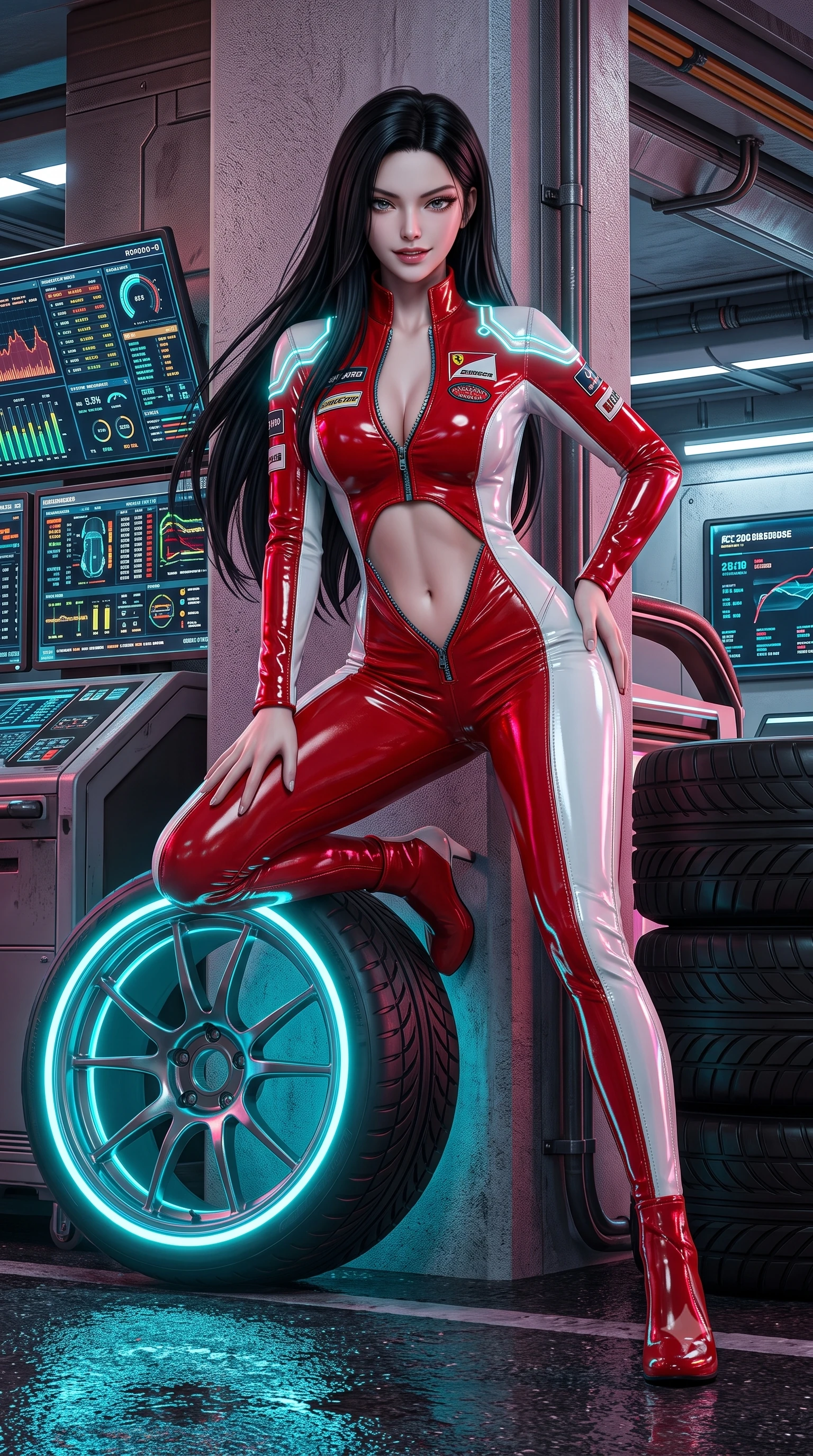 score_9, masterpiece, best quality, ultra-detailed, high-budget anime keyframe, semi-realistic 3D game render, editorial fashion photography, tasteful artistic composition, Korean woman. low angle full-body shot from head to toe showing her feet, filling the entire 9:16 vertical frame with her statuesque presence, stretching her vertical silhouette. leaning deep against the structural architecture with hips cocked in an unapologetically bold, seductive high-fashion stance while crouching low beside a glowing neon wheel rim, one hand resting on her thigh, casting an intense, electrifying smirk. The surrounding environment is rendered in vivid detail and crisp panoramic clarity. detailed leather racing suit sponsor patches, zipper teeth, and glowing telemetry HUD screens in high resolution. She has an absolutely perfect, statuesque 8.5-heads proportion, an exceptionally tall and slender model-like female figure with impossibly long slender legs, a toned flat midriff, and an ultra-slim waist. sharp v-shaped jawline, high-bridge nose, intricate jewel-like eyes with depth, thick eyelashes, glossy parted lips with a natural sheen, intensely captivating and seductive expression, flawlessly proportioned anatomical accuracy, strict slender model proportions, natural body alignment, perfectly sculpted long slender limbs, ultra-slim waistline, clean dynamic posture without body distortion. wearing a high-gloss patent leather racing catsuit with an open front zipper and high stand collar in bright racing scarlet red and glossy white, tailored from abrasion-resistant Kevlar weave with glossy protective panels, finished with glowing cyan circuit lines tracing her collarbones and shoulders, the precision-cut daring openings accentuating her delicate midriff, graceful bare collarbones, and ultra-slim feminine waistline. illuminated by wet specular asphalt bounce lights sculpting her toned midriff, slender waist, and long legs. highly saturated vibrant anime colors, detailed shading with soft gradients, rich glossy textures, high-contrast stereoscopic depth, volumetric dynamic lighting, master piece, 9:16 ratio