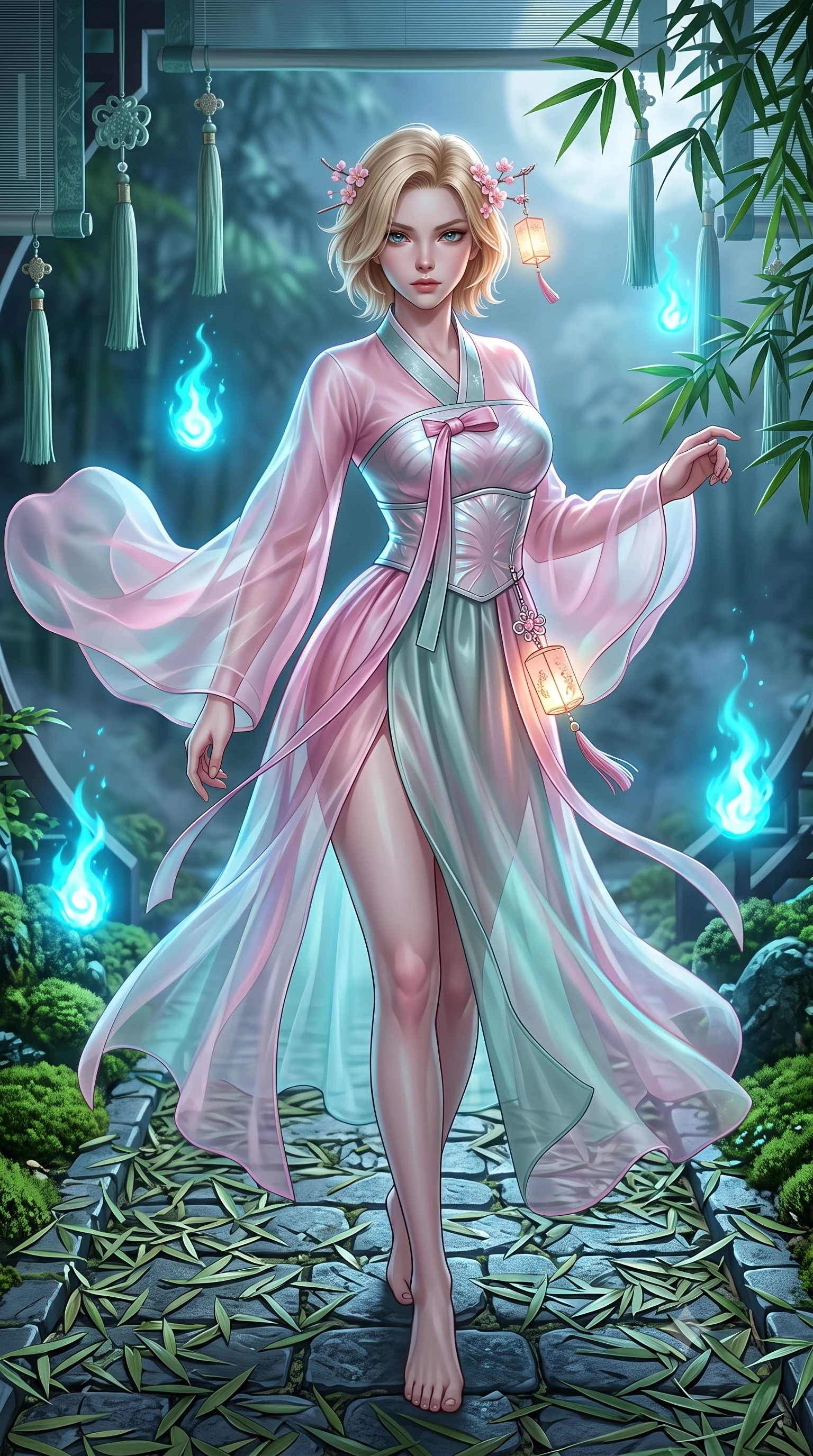score_9, masterpiece, best quality, ultra-detailed, high-budget anime keyframe, semi-realistic 3D game render, editorial fashion photography, tasteful artistic composition, Caucasian woman. close-up cowboy shot from the waist and thighs up, the character dominates the composition, filling the frame with her large presence. radiating intense magnetic charisma with jewel-like eyes locked onto the viewer, her upper body turning in a dynamic, fluid S-curve while striding along a stone path covered in fallen bamboo leaves with effortless, otherworldly supernatural balance. The surrounding environment is rendered in vivid detail and crisp panoramic clarity. intricate moss carpets, hanging silk tassels, and bamboo leaf venation in high resolution. She has an exceptionally elegant, slender, and willowy female figure with an ultra-slim waist, a gracefully sculpted slender torso, toned flat midriff, and a refined slim silhouette. sharp v-shaped jawline, high-bridge nose, intricate jewel-like eyes with depth, thick eyelashes, glossy lips with a natural sheen, captivating and magnetic expression, flawlessly proportioned anatomical accuracy, strict slender model proportions, natural body alignment, perfectly sculpted long slender limbs, ultra-slim waistline, clean dynamic posture without body distortion. wearing a modern fusion silk hanbok dress with sheer organza butterfly sleeves and a structured mother-of-pearl bodice in lotus petal pink and jade mist, crafted from weightless prism organza that refracts light with every motion, accessorized with delicate cherry blossom hairpins and glowing paper lantern charms, the liquid-tight tailored fabric emphasizing every curve of her tall, slender model proportions and sculptured silhouette during dynamic movement. bathed in magical cyan spirit flame luminescence and soft moonlit fog fill. highly saturated vibrant anime colors, detailed shading with soft gradients, rich glossy textures, high-contrast stereoscopic depth, volumetric dynamic lighting, master piece, 9:16 ratio