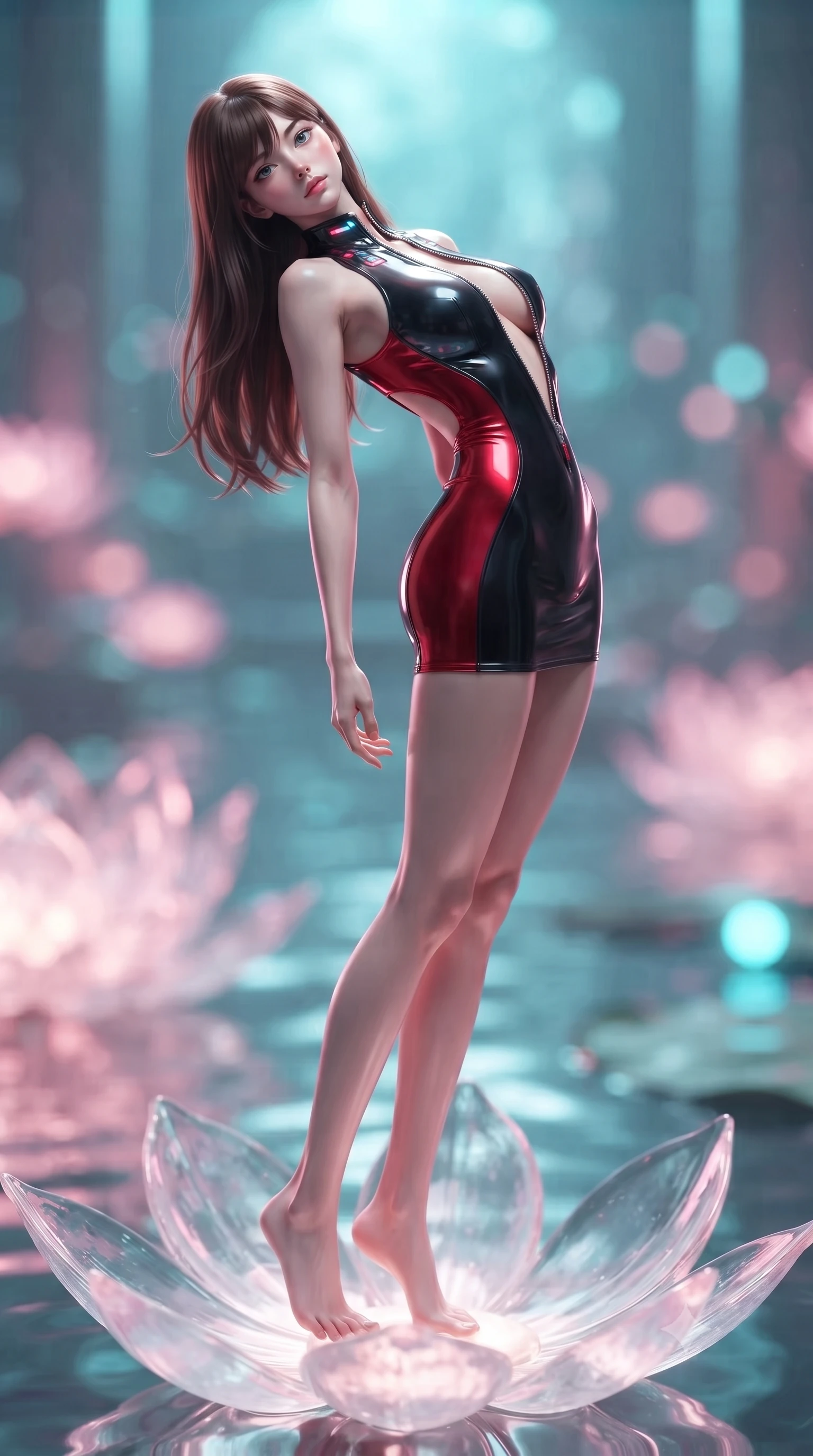 score_9, masterpiece, best quality, ultra-detailed, high-budget anime keyframe, editorial fashion photography, tasteful artistic composition, Korean woman. low angle full-body shot from head to toe showing her feet, filling the entire 9:16 vertical frame with her statuesque presence, stretching her vertical silhouette. arching her back in a fluid zero-gravity turn with sovereign grace, her long slender legs and sculpted torso creating a sweeping line while stretching forward with an alluring arch of her spine on an illuminated glass lotus petal. The composition keeps background elements in soft focus with creamy bokeh. glowing lotus petals and calm tech-temple water ripples blurred into smooth pink and cyan bokeh. She has an absolutely perfect, statuesque 8.5-heads proportion, an exceptionally tall and slender model-like female figure with impossibly long slender legs and an ultra-slim waist. sharp v-shaped jawline, high-bridge nose, intricate jewel-like eyes with depth, thick eyelashes, glossy lips with a natural sheen, flawlessly proportioned anatomical accuracy, natural body alignment, perfectly sculpted elegant limbs, clean dynamic posture without body distortion. wearing a second-skin fashion-latex mini dress with a clean architectural front, featuring an open-back design that wraps around the sides of her waist, showcasing her slender silhouette in glossy obsidian black and radiant crimson red, made of liquid metal jersey that clings flawlessly to every contour of her build, featuring a dangerously unzipped neckline framed by glowing cybernetic accents, the liquid-tight fabric adhering flawlessly to her sculpted torso and slender silhouette. surrounded by an ethereal, sacred, and intensely seductive temple ambiance. ultra-reflective glossy finish, specular highlights, metallic sheen, high-contrast stereoscopic depth, volumetric dynamic lighting, 2k, ultra detail, master piece, 9:16 ratio