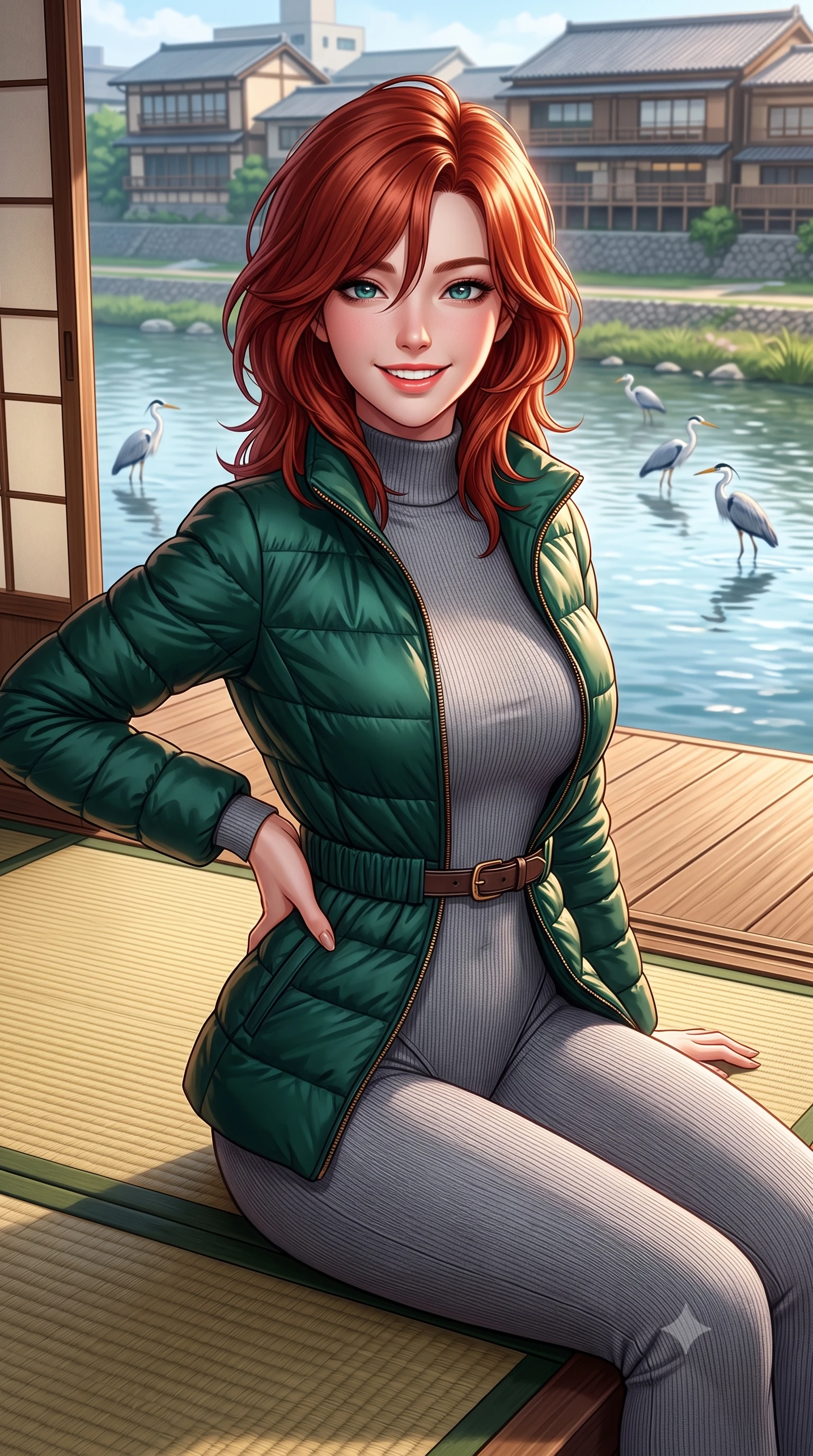 score_9, masterpiece, best quality, ultra-detailed, high-budget anime keyframe, semi-realistic 3D game render, editorial fashion photography, tasteful artistic composition, Korean woman. close-up cowboy shot from the waist and thighs up, the character dominates the composition, filling the frame with her large presence. standing poised with hips cocked slightly to the side, one hand tracing her cinched waistline while casting an affectionate warm glance while sitting gracefully on a tatami mat at the open veranda edge, watching herons wade in the Kamogawa river with tranquil charm. The surrounding environment is rendered in vivid detail and crisp panoramic clarity: detailed double-breasted wool gabardine trench coat drape, horn buttons, and historic Japanese urban architecture in high resolution. She has an exceptionally elegant, slender, and willowy female figure with an ultra-slim waist, flat toned midriff, narrow ribcage, and sculpted feminine hips creating an alluring, slim hourglass silhouette without bulk. sharp v-shaped jawline, high-bridge nose, intricate jewel-like sparkling eyes with depth, thick eyelashes, glossy parted lips with a natural peach sheen, bright cheerful beaming smile with an enchanting and coquettish sensual glint, exuding both youthful cute charm and seductive allure, flawlessly proportioned anatomical accuracy, strict slender model proportions, natural body alignment, perfectly sculpted long slender limbs, ultra-slim waistline, clean dynamic posture without body distortion. wearing a tailored quilted down jacket with a deeply cinched elastic belt worn over an ultra-tight thermal rib-knit bodysuit and leggings in St. Moritz pine forest emerald and heather grey, made of high-gauge compact silk knit that hugs her curves with seamless sculpted precision, finished with a slim equestrian bridle-leather belt cinched tightly at the narrowest point of her waist, the body-conscious tailored knit hugging her sculpted torso and curvaceous hips in a seamless, fluid line that highlights her statuesque model proportions. illuminated by river water specular reflection bounce and sharp copper-rose rim lights sculpting her jawline, narrow waist, and graceful model proportions. highly saturated vibrant anime colors, detailed shading with soft gradients, rich glossy textures, high-contrast stereoscopic depth, volumetric dynamic lighting, master piece, 9:16 ratio