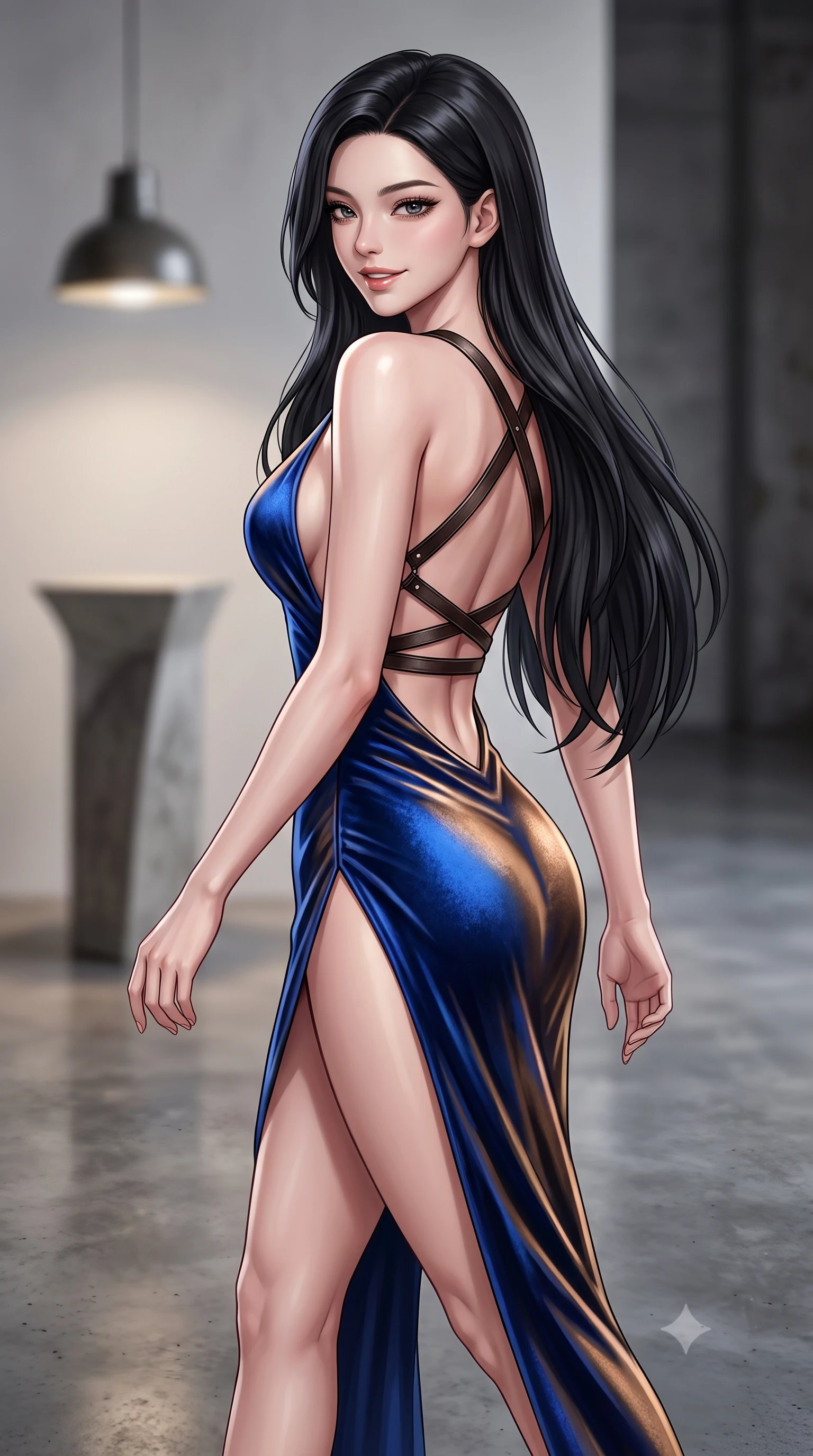 score_9, masterpiece, best quality, ultra-detailed, high-budget anime keyframe, semi-realistic 3D game render, editorial fashion photography, tasteful artistic composition, Korean woman. close-up cowboy shot from the waist and thighs up, the character dominates the composition, filling the frame with her large presence. turning over a bare shoulder with an intoxicating, teasing smile, her soft hair framing her sharp jawline as her hips angle gracefully while striding across the polished industrial concrete floor, her sleek aerodynamic dress clinging to her narrow waist and long legs. The composition keeps background elements in soft focus with creamy bokeh. minimalist sculptural pedestals and industrial pendant lights softened in avant-garde German shallow focus. She has an exceptionally elegant, slender, and willowy female figure with an ultra-slim waist, flat toned midriff, narrow ribcage, and sculpted feminine hips creating an alluring, slim hourglass silhouette without bulk. sharp v-shaped jawline, high-bridge nose, intricate jewel-like eyes with depth, thick eyelashes, glossy parted lips with a natural sheen, intensely captivating and seductive bedroom-eyes expression, flawlessly proportioned anatomical accuracy, strict slender model proportions, natural body alignment, perfectly sculpted long slender limbs, ultra-slim waistline, clean dynamic posture without body distortion. wearing a plunging-V neckline duchess satin gown with high side slits ascending to the high hip in royal sapphire blue and liquid bronze, crafted from heavyweight crushed silk velvet with liquid vintage luster, featuring an open-back criss-cross harness strap in dark leather, the glove-like aerodynamic silhouette tightly following the natural contour of her hips and long slender legs with statuesque 8.5-heads elegance. illuminated by subtle architectural spotlighting sharply defining her sculpted cheekbones, ultra-slim waist, and curvy hips. highly saturated vibrant anime colors, detailed shading with soft gradients, rich glossy textures, high-contrast stereoscopic depth, volumetric dynamic lighting, master piece, 9:16 ratio