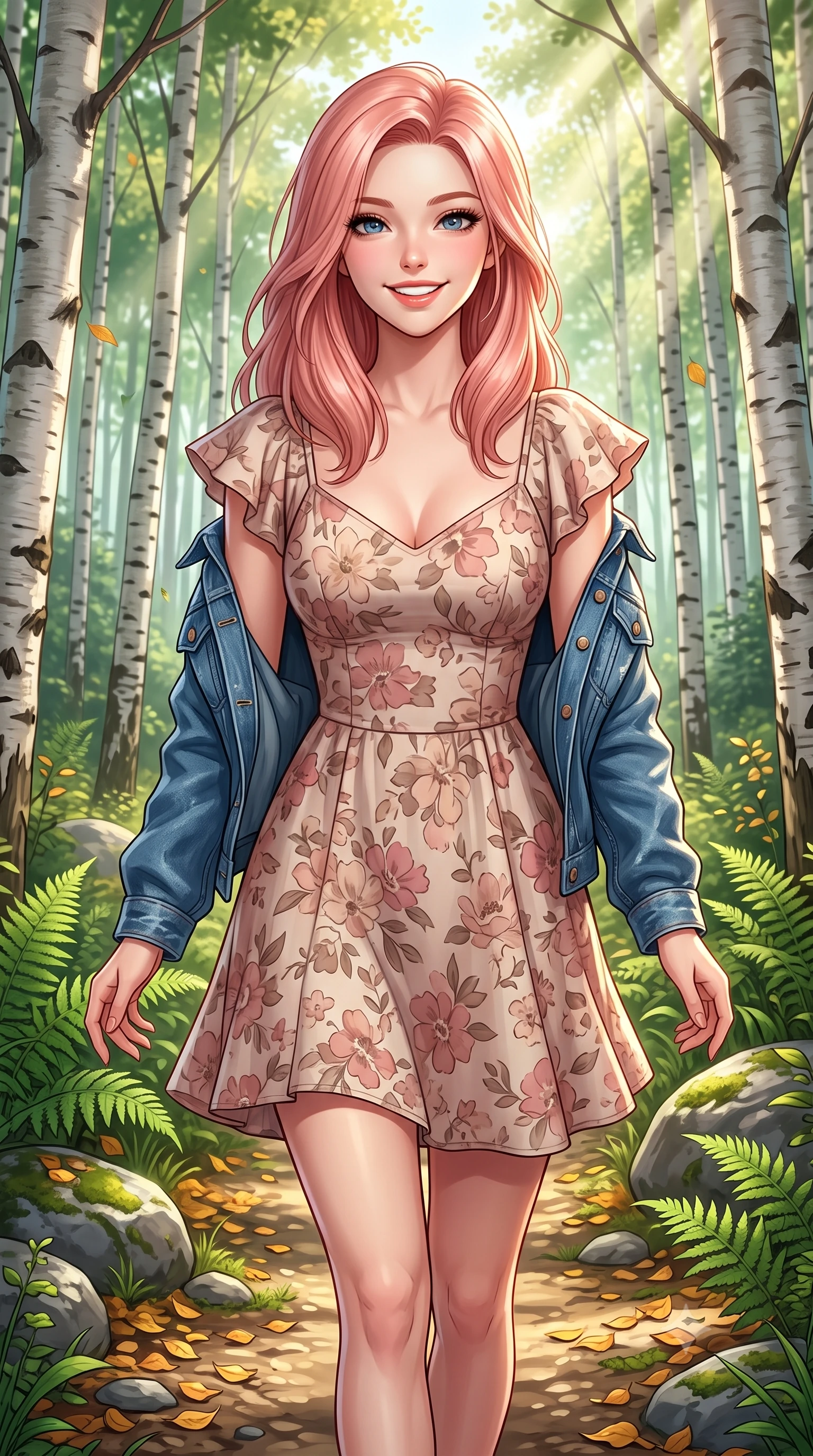 score_9, masterpiece, best quality, ultra-detailed, high-budget anime keyframe, semi-realistic 3D game render, editorial fashion photography, tasteful artistic composition, Japanese woman. close-up cowboy shot from the waist and thighs up, the character dominates the composition, filling the frame with her large presence. radiating a joyful bright smile with sparkling jewel-like eyes and pure charming energy, leaning forward with playful grace while strolling happily along a sun-dappled forest path surrounded by slender white birch trunks and lush emerald ferns. The surrounding environment is rendered in vivid detail and crisp panoramic clarity. mossy river stones, fallen autumn-gold birch leaves, and panoramic forest glades rendered in crisp clarity. She has an exceptionally elegant, slender, and willowy female figure with an ultra-slim waist, a gracefully sculpted slender torso, toned flat midriff, and a refined slim silhouette. sharp v-shaped jawline, high-bridge nose, intricate jewel-like eyes with depth, thick eyelashes, glossy lips with a natural sheen, pure and lovely fresh girlhood expression, flawlessly proportioned anatomical accuracy, strict slender model proportions, natural body alignment, perfectly sculpted long slender limbs, ultra-slim waistline, clean dynamic posture without body distortion. wearing a classic denim jacket worn lightly over shoulders with a floral print slip dress underneath in soft dusty rose and oatmeal beige, tailored from crisp organic cotton poplin, featuring elegant flutter sleeves and a graceful open collar, the relaxed yet flattering fit accentuating her naturally graceful and slender figure, highlighting her youthful charm and lovely silhouette. bathed in heavenly volumetric sunbeams piercing through the dense birch canopy. highly saturated vibrant anime colors, detailed shading with soft gradients, rich glossy textures, high-contrast stereoscopic depth, volumetric dynamic lighting, master piece, 9:16 ratio