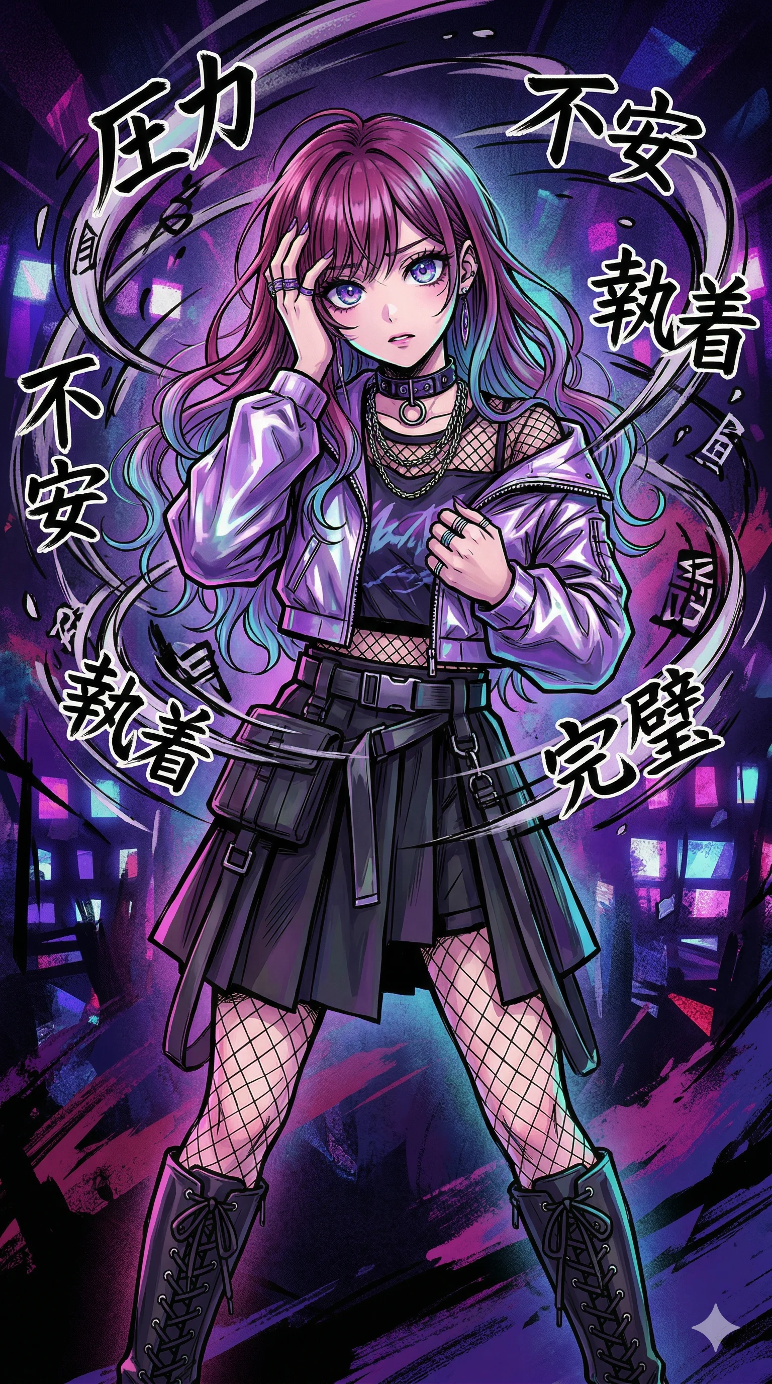 A portrait of a female idol with long, multi-colored black hair and striking, artistically manipulated eye color as the main visual anchor. She wears an elegant Gen-Z Japan-Korea fusion outfit with metallic accents, a layered silhouette, a long-sleeve cropped top, and a pleated skirt. The background is a vivid color splash, creating an emotionally intense atmosphere. 4k, ultra detail, master piece, 9:16 ratio