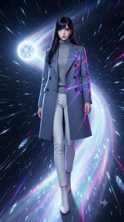 score_9, masterpiece, best quality, ultra-detailed, high-budget anime keyframe, editorial fashion photography, tasteful artistic composition, Caucasian woman, strictly human ears. low angle full-body shot from head to toe showing her feet, filling th