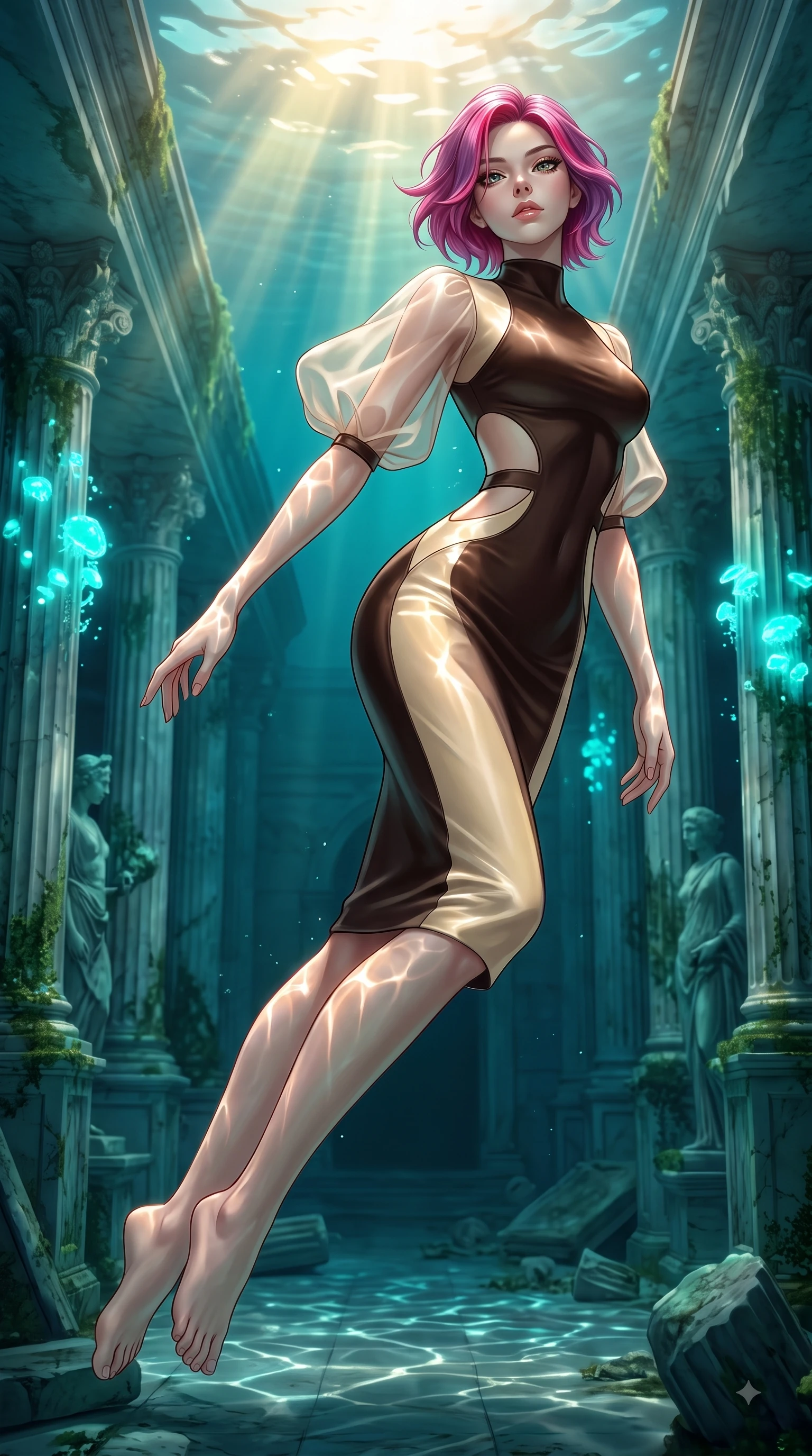 score_9, masterpiece, best quality, ultra-detailed, high-budget anime keyframe, editorial fashion photography, tasteful artistic composition, Caucasian woman. low angle full-body shot from head to toe showing her feet, filling the entire 9:16 vertical frame with her statuesque presence, stretching her vertical silhouette. pivoting dynamically in zero-gravity with fluid S-curve alignment, displaying her perfect model proportions while swimming gracefully in an alluring underwater pose through a sunken marble colonnade, golden sunbeams penetrating deep turquoise water creating caustic light ripples across her skin. She has an absolutely perfect, statuesque 8.5-heads proportion, an exceptionally tall and slender model-like female figure with impossibly long slender legs and an ultra-slim waist. sharp v-shaped jawline, high-bridge nose, intricate jewel-like eyes with depth, thick eyelashes, glossy lips with a natural sheen, flawlessly proportioned anatomical accuracy, natural body alignment, perfectly sculpted elegant limbs, clean dynamic posture without body distortion. wearing a sleek bodycon knit dress with strategic sheer organza sleeve panels in espresso brown and warm cream, crafted from smooth liquid silk, featuring clean architectural cutouts along her slender torso, the elegant draped fit framing her graceful clavicle and slender torso. illuminated by luminous aqua bioluminescence and warm golden top lighting. ultra-reflective glossy finish, specular highlights, metallic sheen, high-contrast stereoscopic depth, volumetric dynamic lighting, 2k, ultra detail, master piece, 9:16 ratio