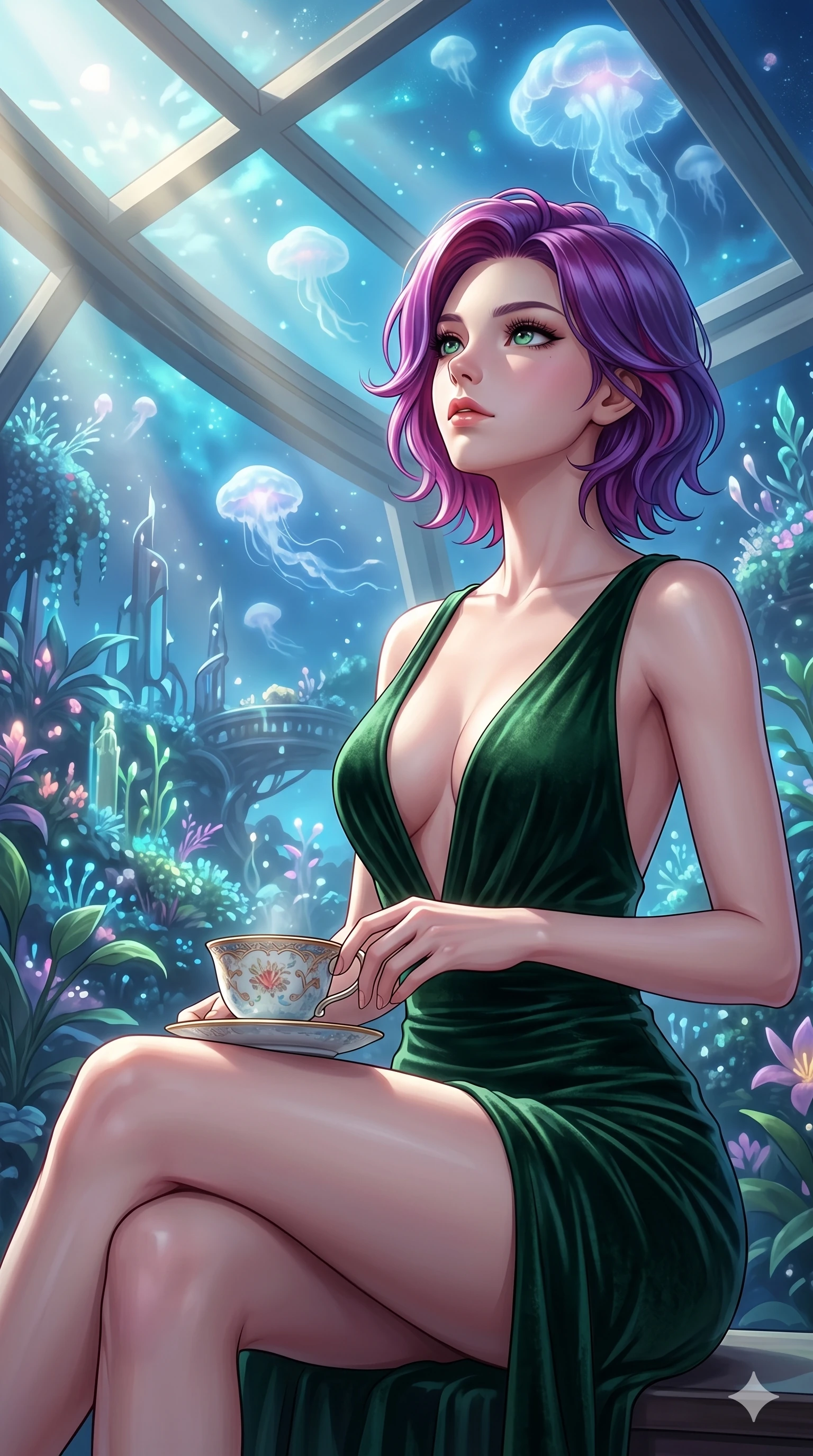score_9, masterpiece, best quality, ultra-detailed, high-budget anime keyframe, editorial fashion photography, tasteful artistic composition, Caucasian woman, strictly human ears. cowboy shot from the thighs up, character and outfit filling the frame for maximum editorial presence. resting her fingers on a porcelain tea cup, looking up in a bioluminescent sky garden with floating jellyfish clouds (Code-P17-077). She has an absolutely perfect 8-heads proportion, an exceptionally tall and slender female figure with impossibly long slender legs and an ultra-slim waist. V-shaped jawline, high-bridge nose, intricate jewel-like eyes with depth, thick eyelashes, glossy lips with a natural sheen. wearing a velvet bodycon mini dress featuring a daring plunging neckline and high slit. soft morning sunbeams filtering through the skylight, highlighting her high-bridge nose. 2k, ultra detail, master piece, 9:16 ratio