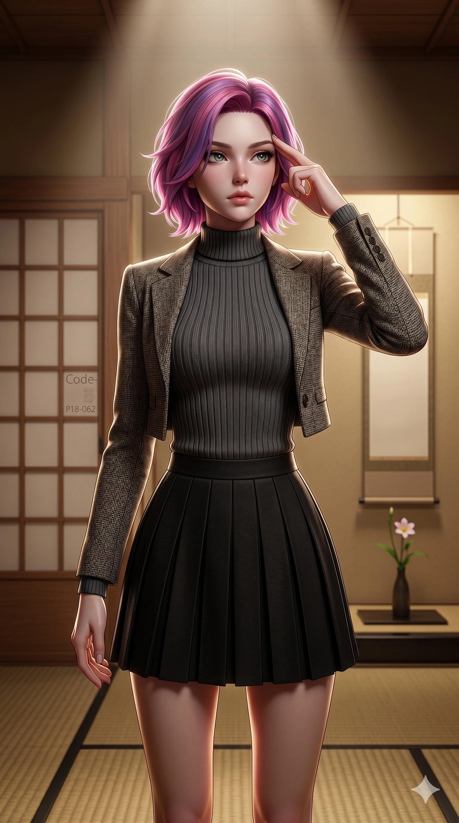 score_9, masterpiece, best quality, ultra-detailed, high-budget anime keyframe, editorial fashion photography, tasteful artistic composition, Caucasian woman, strictly human ears. cowboy shot from the thighs up, character and outfit filling the frame for maximum editorial presence. pressing two fingers to her temple in a composed, thoughtful gesture, looking past the camera in a traditional Japanese tatami tea room with sliding paper screens (Code-P18-062). She has an absolutely perfect 8-heads proportion, an exceptionally tall and slender female figure with impossibly long slender legs and an ultra-slim waist. V-shaped jawline, high-bridge nose, intricate jewel-like eyes with depth, thick eyelashes, glossy lips with a natural sheen. wearing a high-neck ribbed sweater with pleated skirt. dramatic theater spotlights from above, outlining her tall slender figure and waist. 2k, ultra detail, master piece, 9:16 ratio