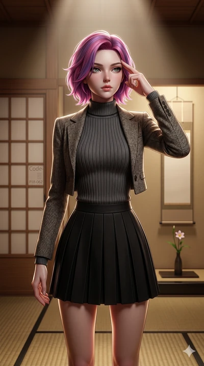 score_9, masterpiece, best quality, ultra-detailed, high-budget anime keyframe, editorial fashion photography, tasteful artistic composition, Caucasian woman, strictly human ears. cowboy shot from the thighs up, character and outfit filling the frame