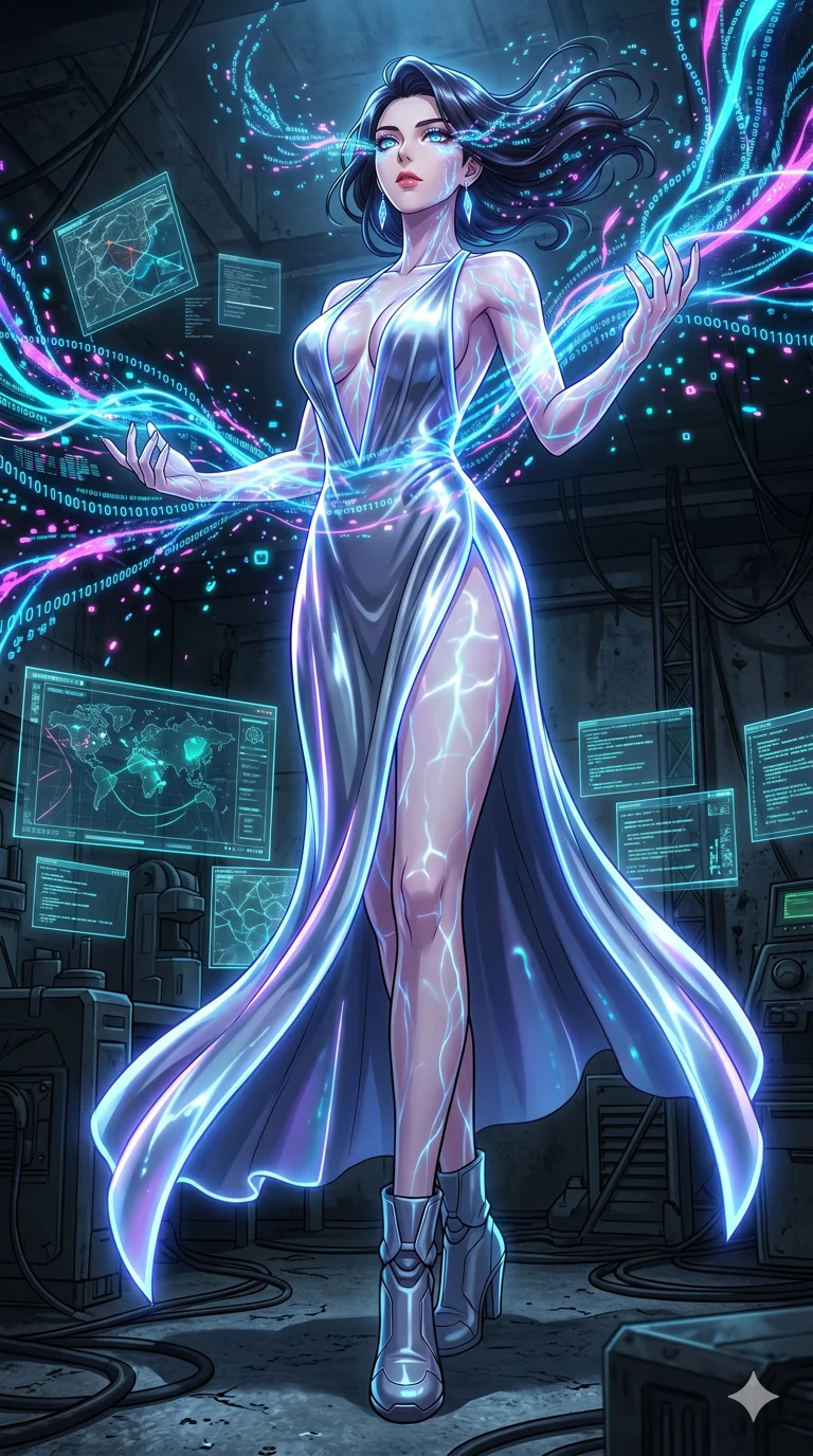 score_9, masterpiece, best quality, ultra-detailed, High-budget Anime Keyframe, vibrant colors, fluid line-art, expressive lighting, cinematic composition, Ufotable-style visual effects, top-tier animation quality, Korean woman with idol-like refined features. Dramatic low angle looking up at her majestic stature, dominating the vertical space of the composition. Merging her consciousness with a digital interface as rivers of data flow through her translucent skin and glowing eyes. She has an absolutely perfect 8-heads proportion, an exceptionally tall and slender female figure with impossibly long slender legs and an ultra-slim waist, her statuesque height and towering silhouette dominating the vertical 9:16 frame. Her face is a masterpiece featuring a sharp v-shaped jawline, high-bridge nose, intricate jewel-like eyes with depth, thick eyelashes, and glossy lips with a natural sheen. She is wearing a Liquid mercury fabric dress that clings perfectly to her every curve with a deep plunging neckline crafted from Bioluminescent silk that emits a soft, ethereal glow from within the fabric, with a dangerous high slit that showcases her impossibly long slender legs. The scene is set in an underground rebel bunker with flickering holographic screens and tactical maps, illuminated by underwater caustic lighting with ripples of light dancing across her body. 2k, ultra detail, master piece, 9:16 ratio
