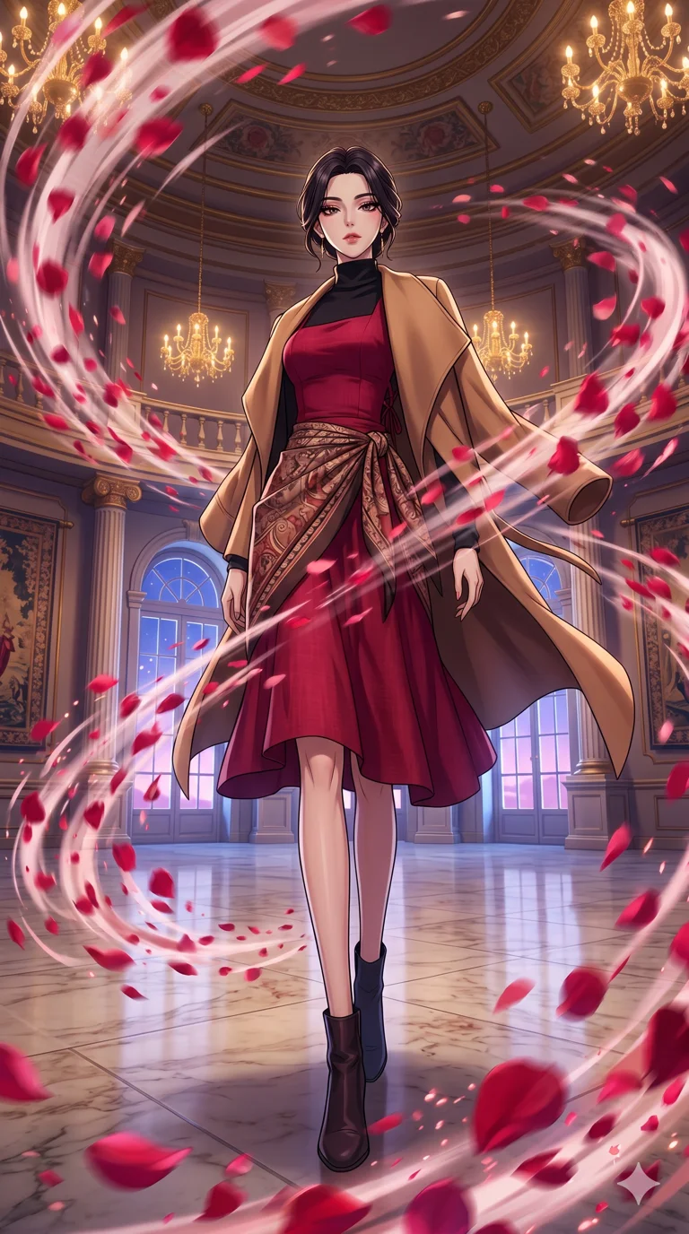 score_9, masterpiece, best quality, ultra-detailed, High-budget Anime Keyframe, beautiful Korean anime girl. Low angle cowboy shot filling the entire 9:16 frame with her overwhelming presence. Summoning a storm of rose petals in a grand ballroom. She has an absolutely perfect 8-heads proportion, an exceptionally tall and slender female figure with impossibly long slender legs and an ultra-slim waist. Sharp v-shaped jawline, high-bridge nose, intricate jewel-like eyes with depth, thick eyelashes, glossy lips with a natural sheen. Wearing a Seasonal/Resort outfit: ruby linen sundress with tie-back, high-cut one-piece with sarong, cashmere turtleneck with wrap coat. Background is a bright and colorful environment with cinematic lighting, dynamic particle effects, and high-contrast shadows. 2k, ultra detail, master piece, 9:16 ratio